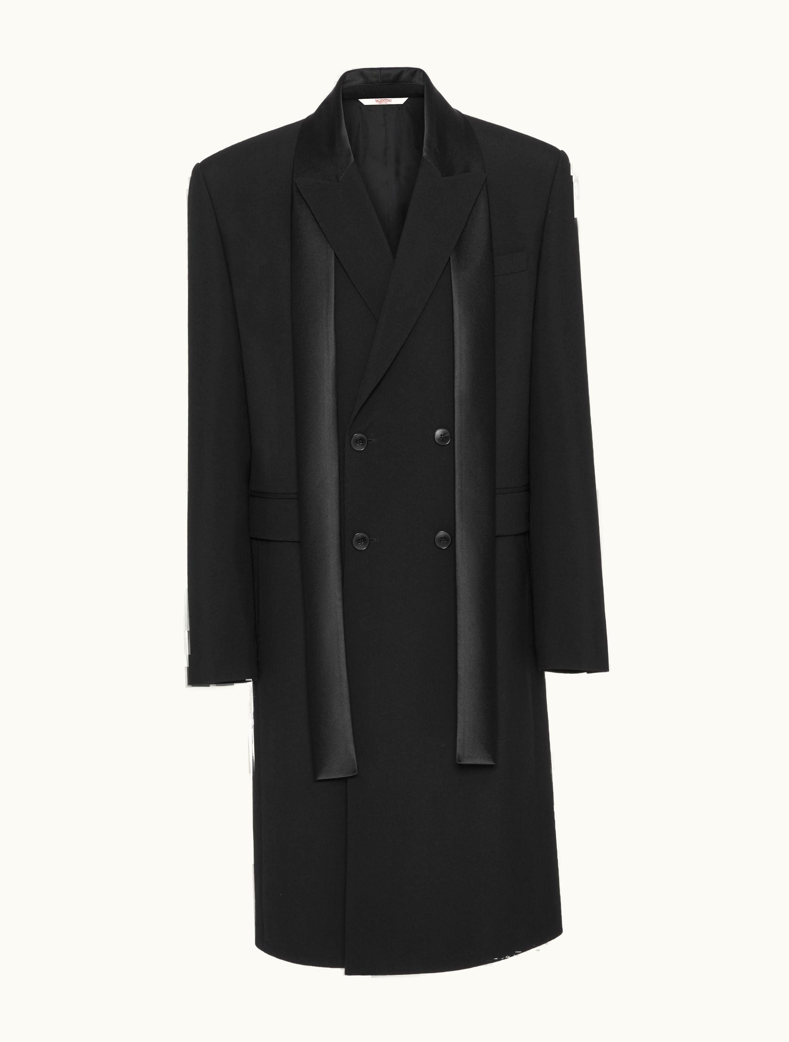 Valentino Valentino Double-breasted Wool Coat With Nylon Scarf Collar For Man In Black