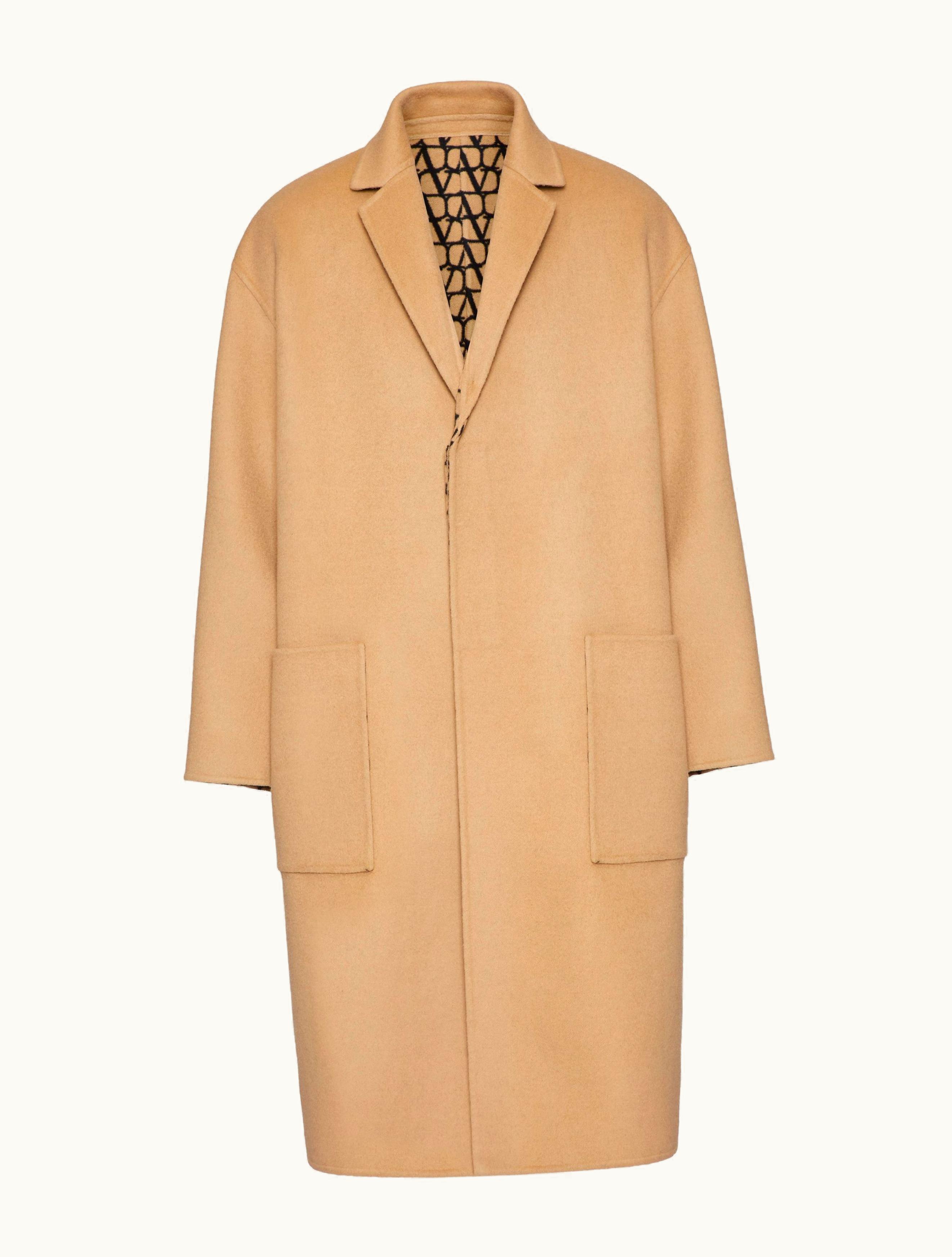 Valentino Valentino Reversible Double-faced Wool Coat With Toile Iconographe Pattern For Man In Camel