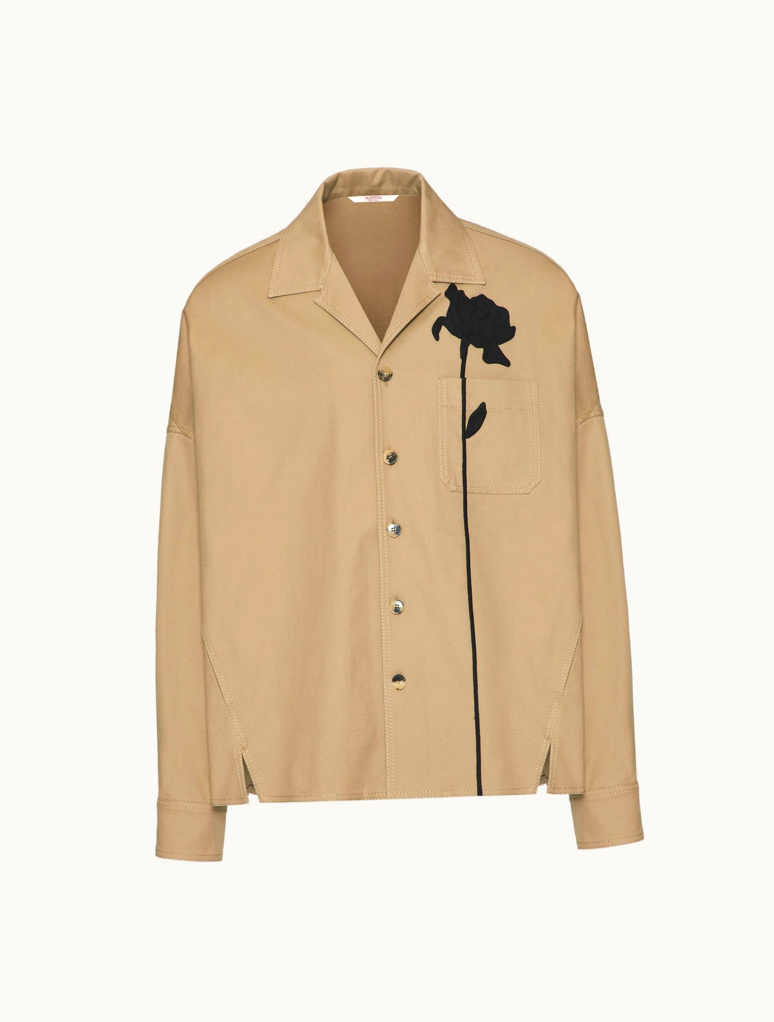 Valentino Valentino Stretch Cotton Canvas Shirt Jacket With Flower Embroidery For Man In Beige