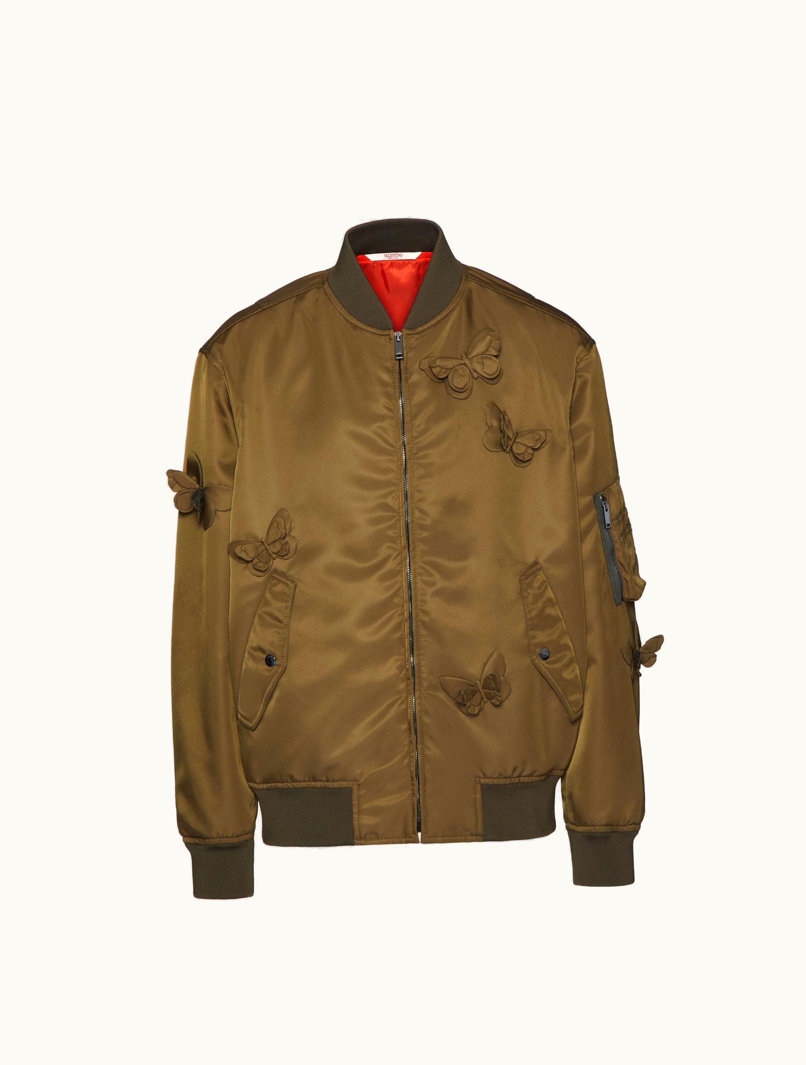 Valentino Valentino Nylon Bomber Jacket With Embroidered Butterflies For Man In Olive