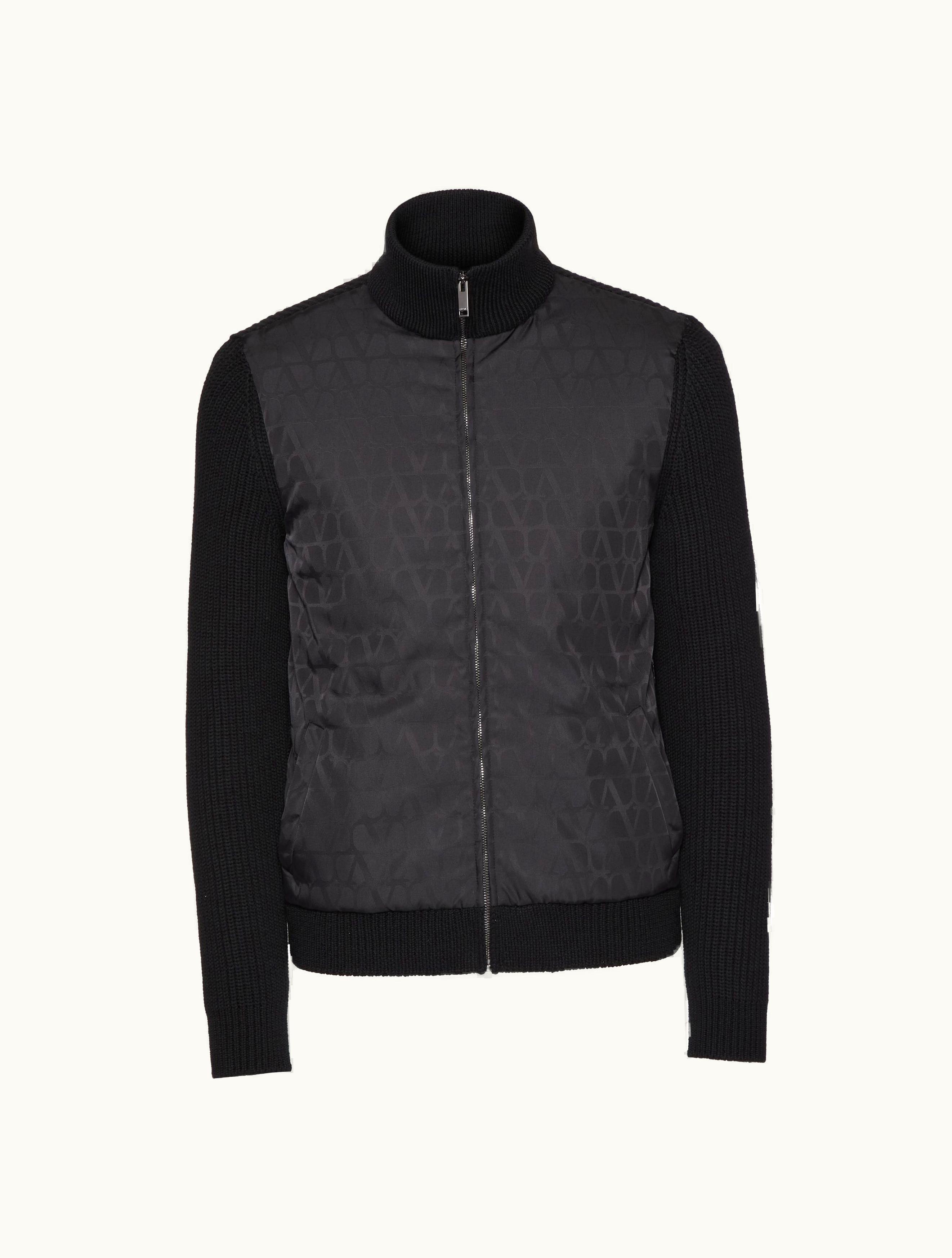 Valentino Valentino Wool Knit Jacket With Toile Iconographe Nylon Jacquard Front Panel For Man In Black