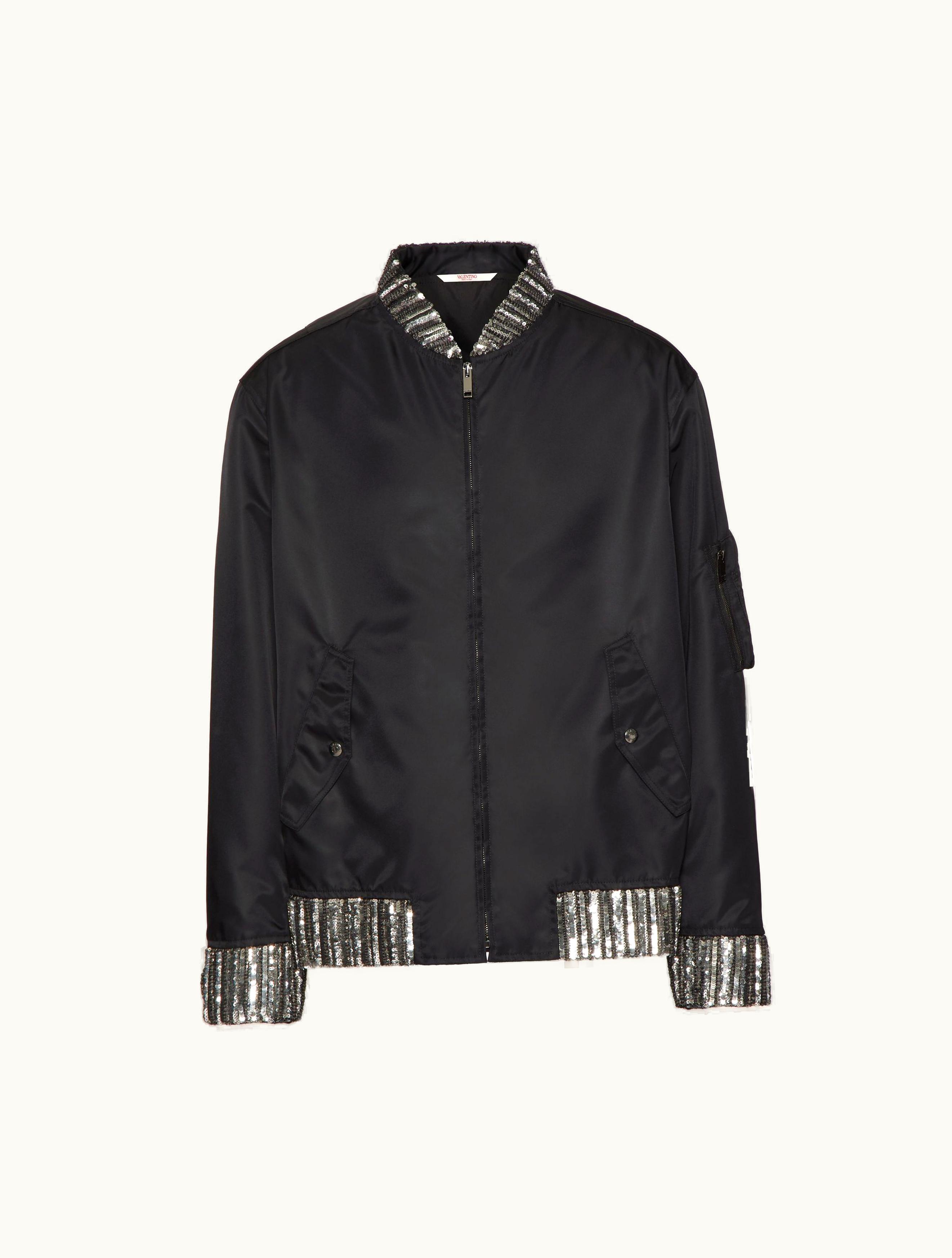 Valentino Valentino Nylon Bomber Jacket With Embroidered Sequins And Bezels For Man In Black