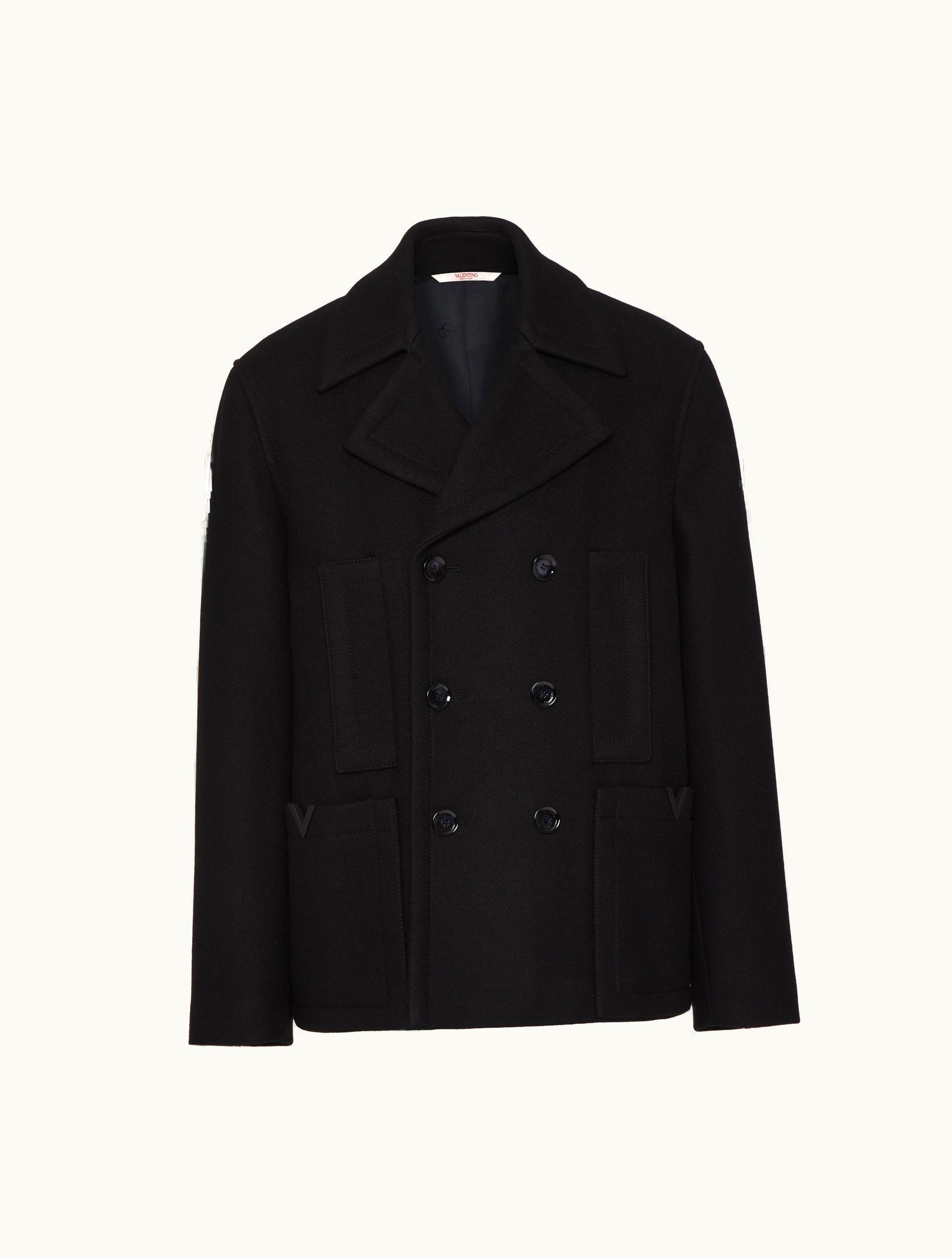 Valentino Valentino Technical Wool Cloth Peacoat With Rubberised V Detail For Man In Black