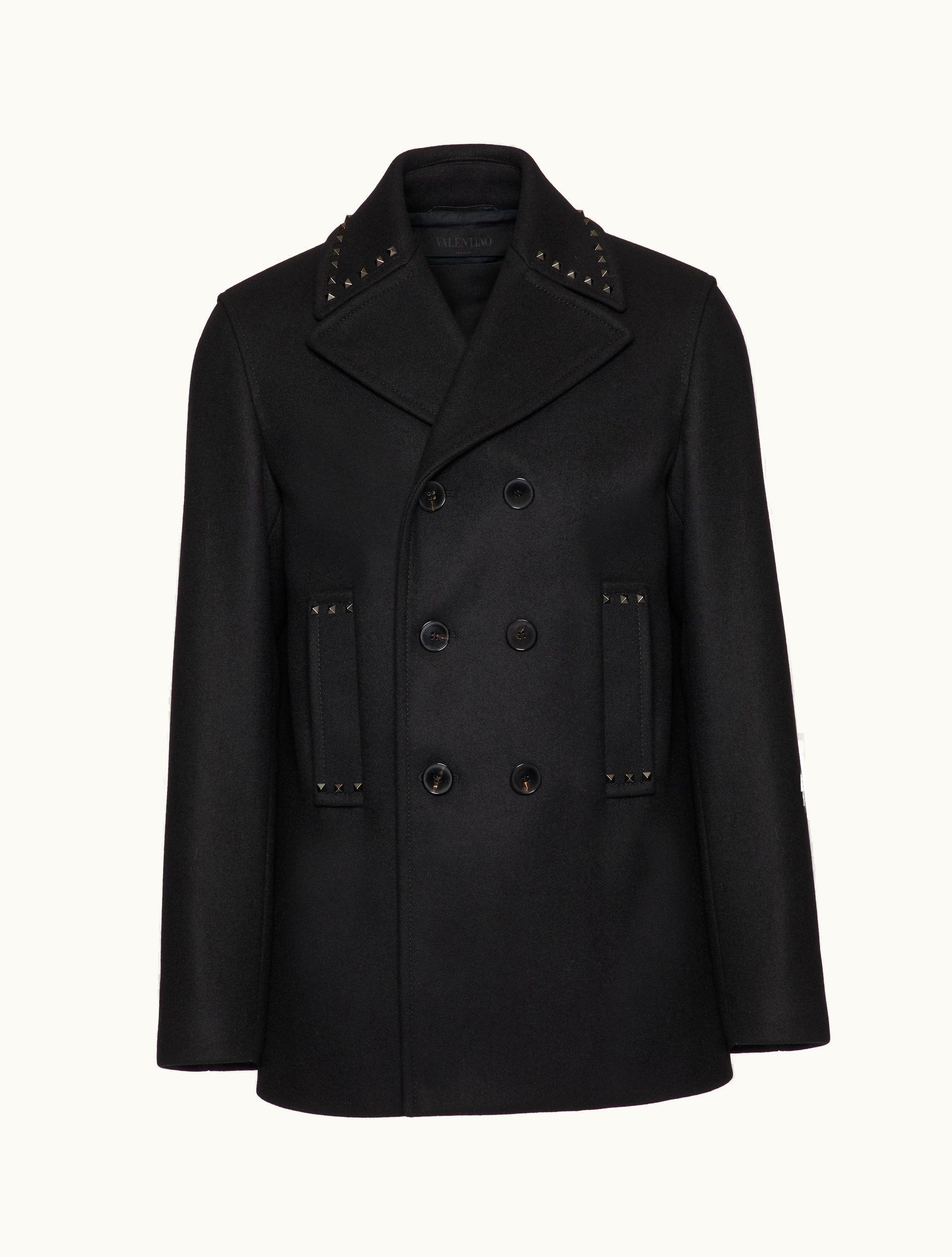 Valentino Valentino Black Untitled Studded Wool Cloth Peacoat For Man In Black