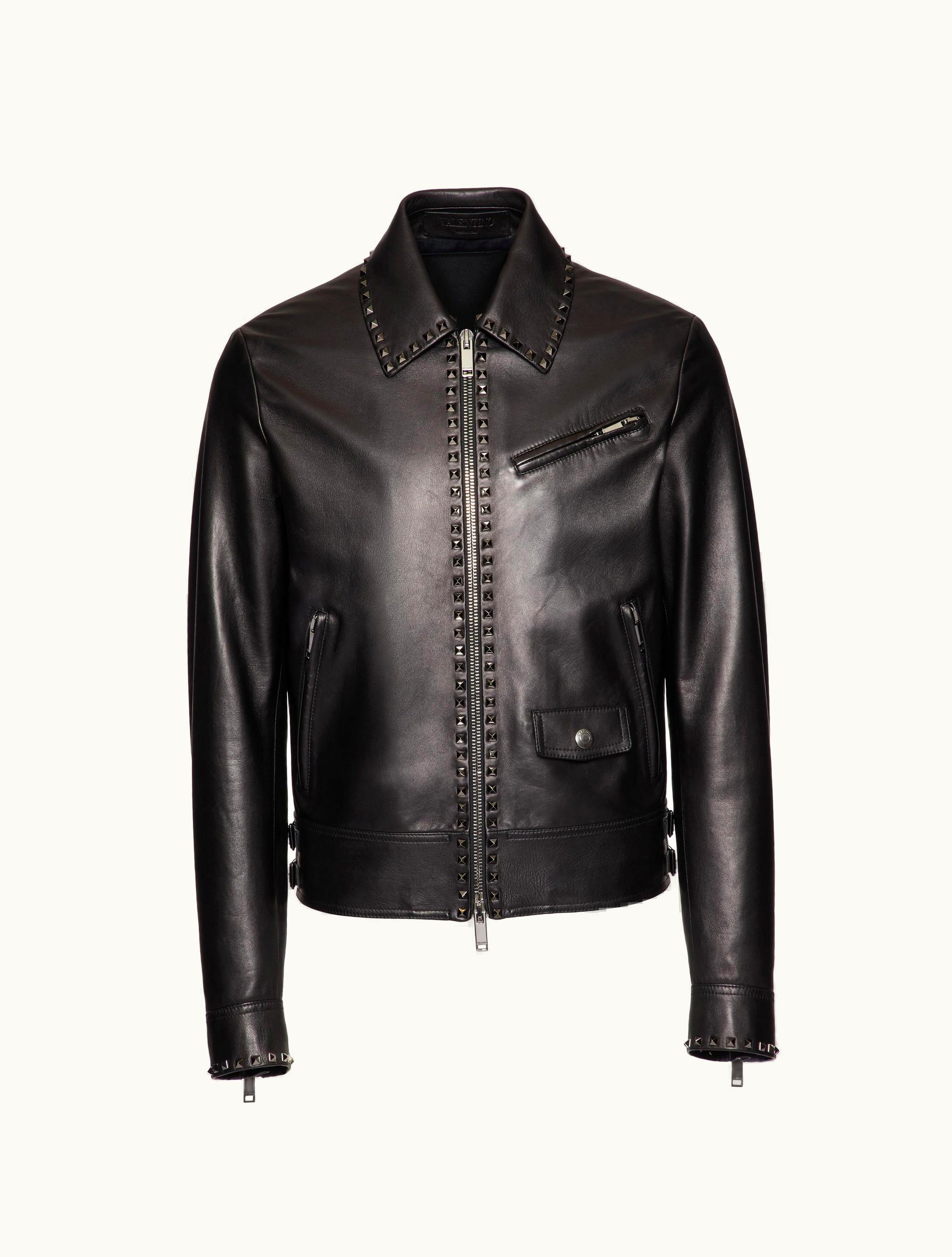 Valentino Valentino Leather Jacket With Black Untitled Studs For Man In Black