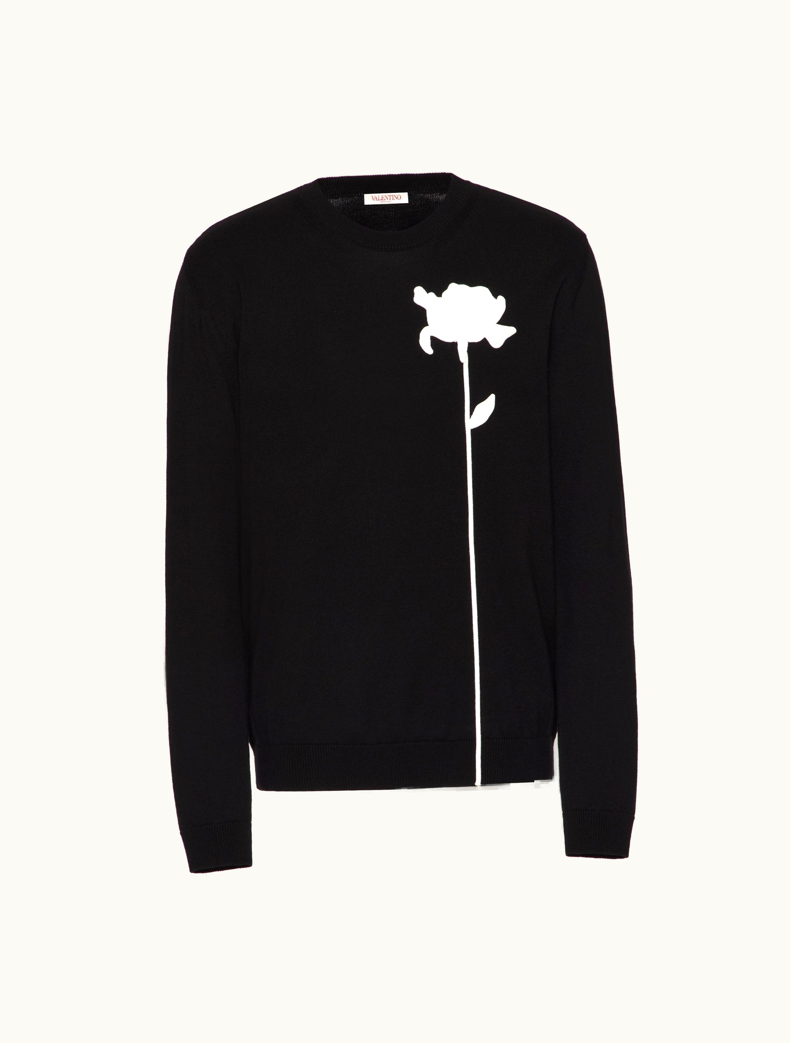 Valentino Valentino Wool Crewneck Jumper With Flower Embroidery For Man In Black