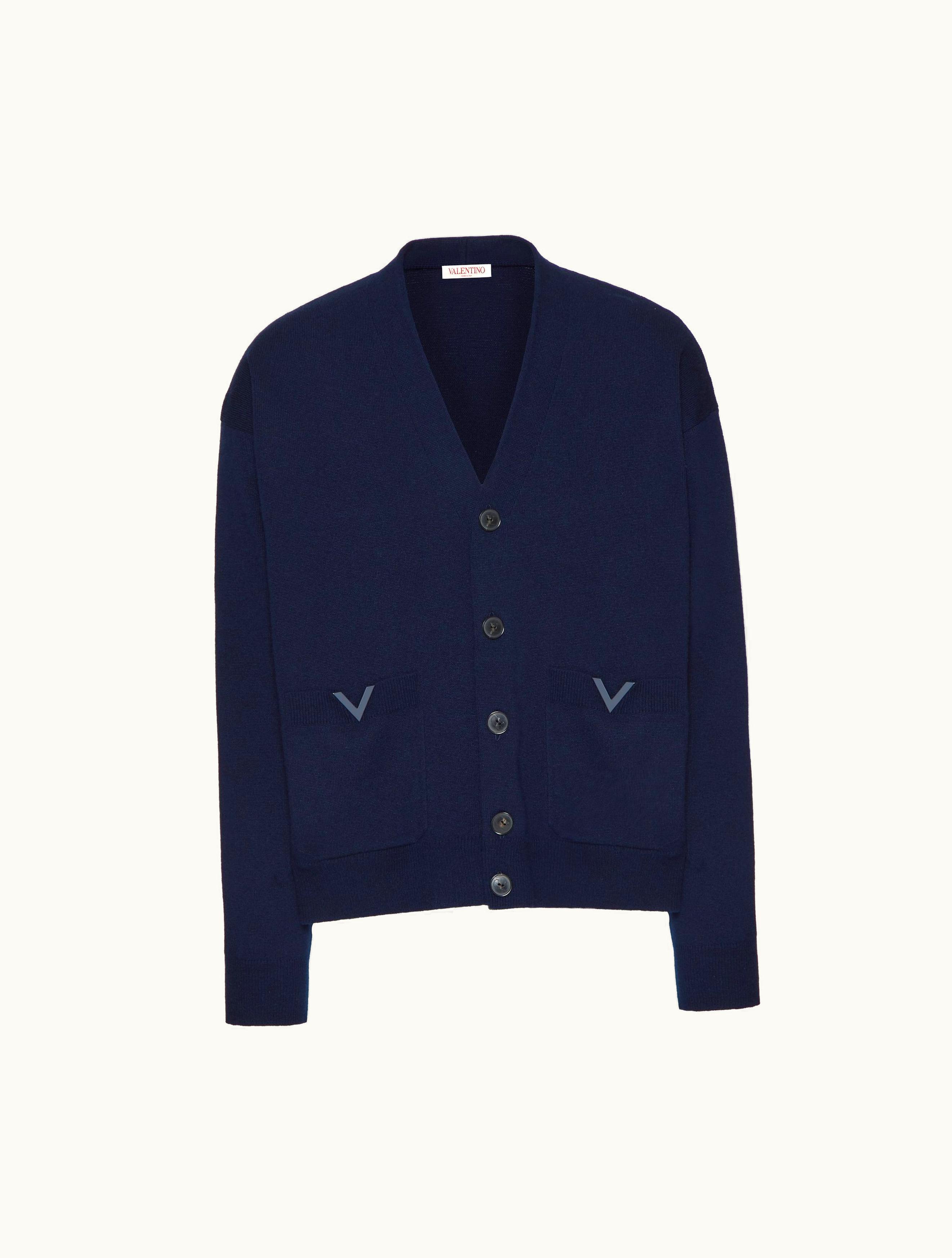 Valentino Valentino Wool Cardigan With Rubberised V Detail For Man In Navy