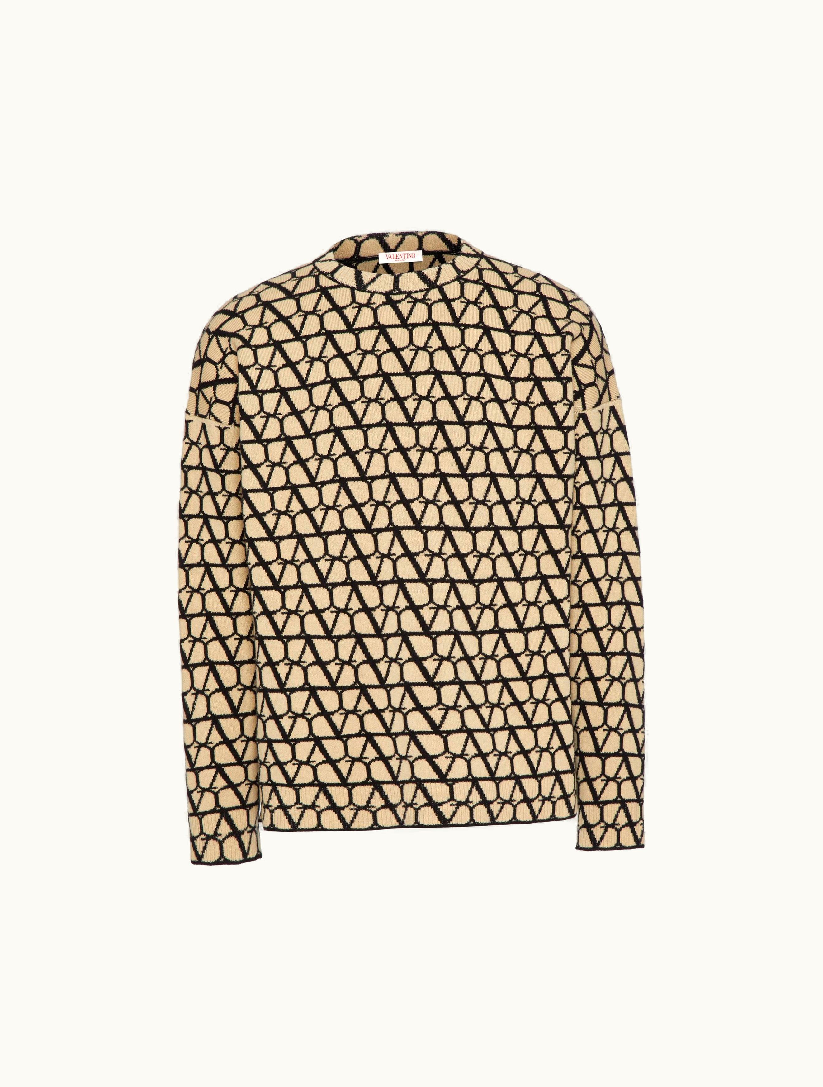 Valentino Valentino Wool Crewneck Sweater With Toile Iconographe Pattern For Man In Beige / Black