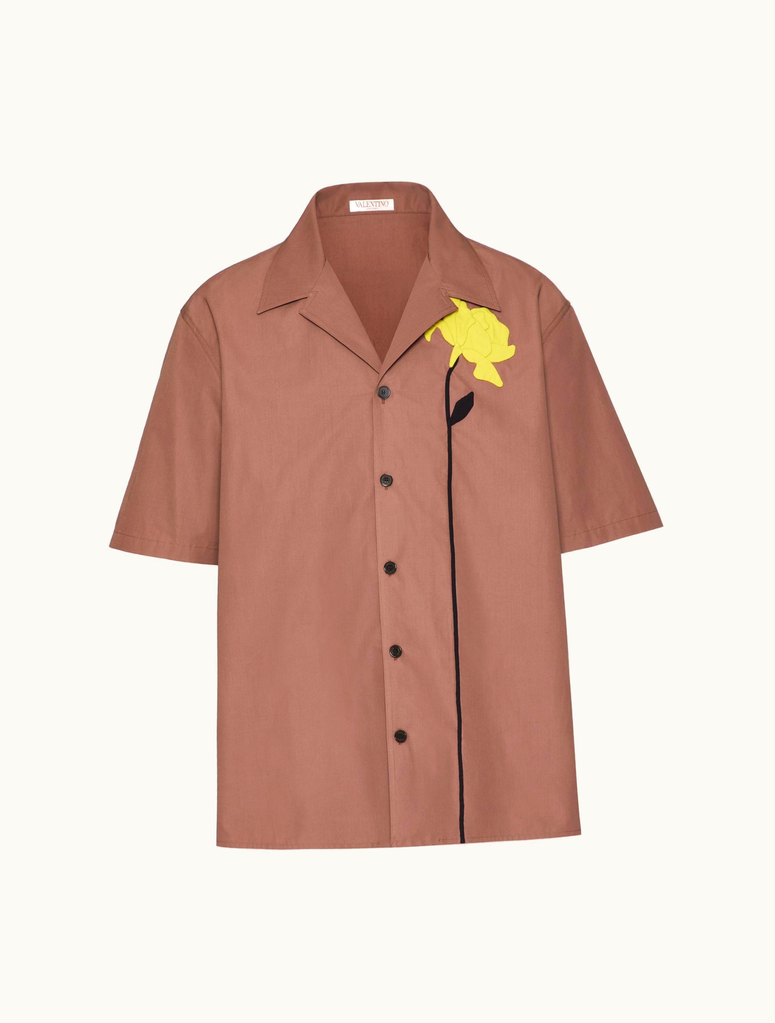 Valentino Valentino Cotton Poplin Bowling Shirt With Floral Cut-out Embroidery For Man In Mauve