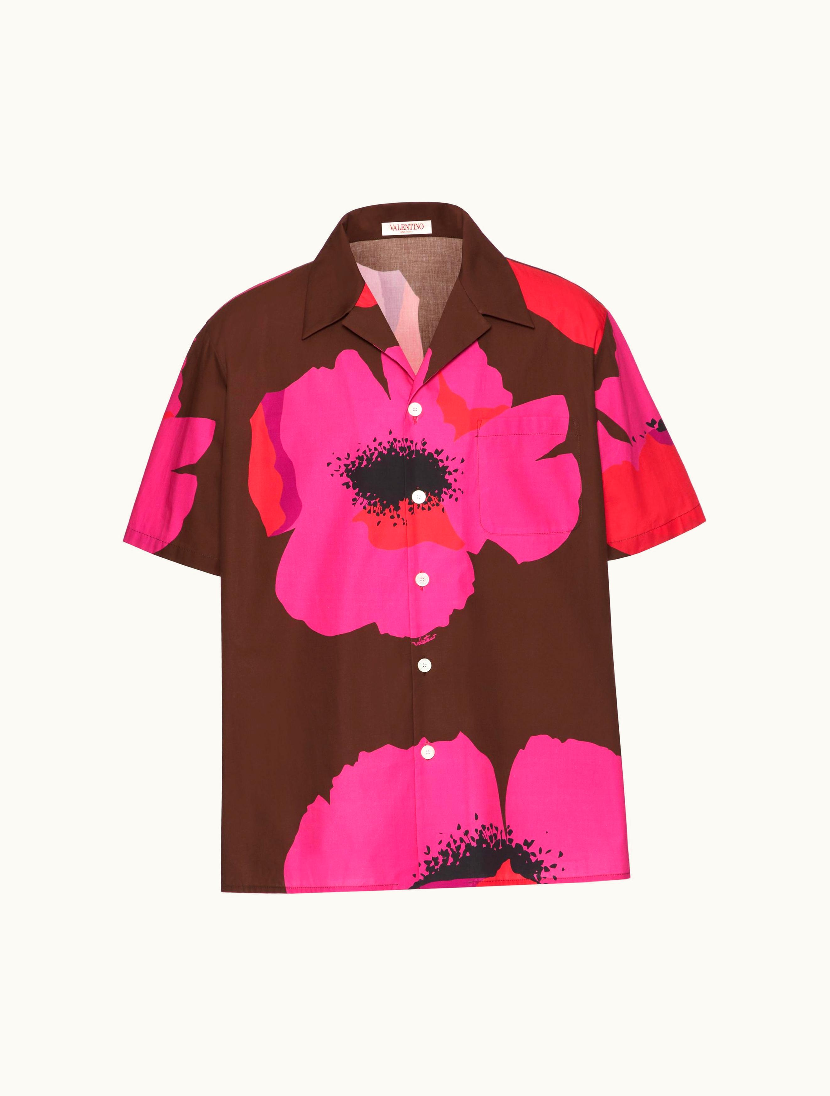 Valentino Cotton Poplin Bowling Shirt With Valentino Flower Portrait Print For Man In Tobacco / Pink Pp