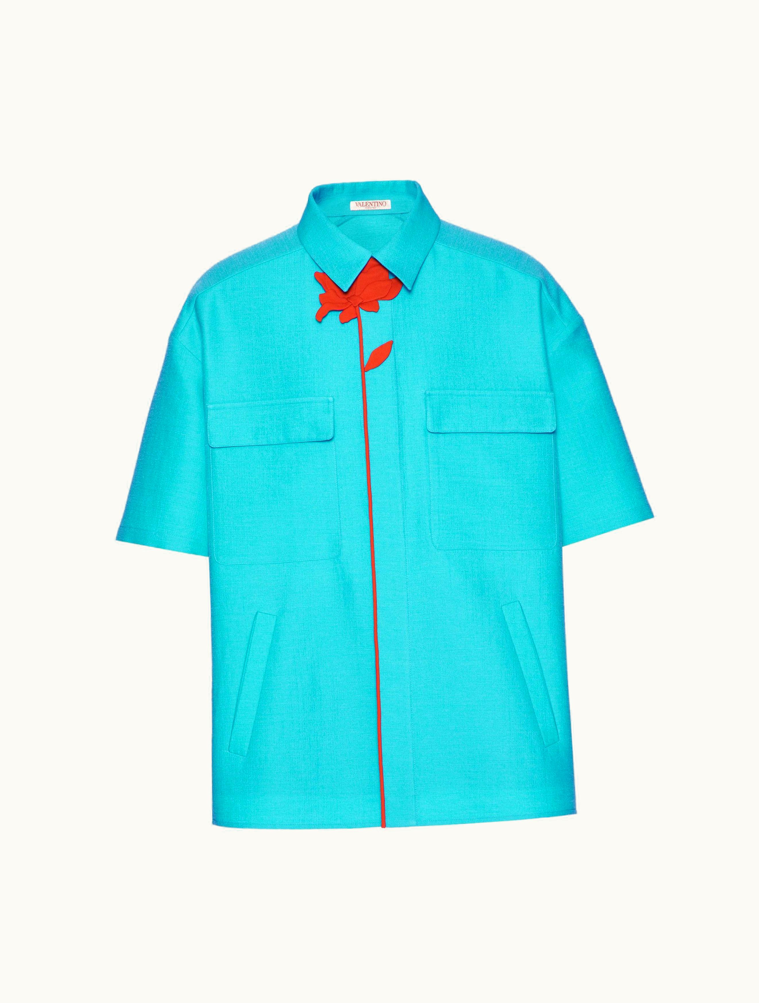 Valentino Valentino Wool And Silk Bowling Shirt With Flower Embroidery For Man In Turquoise