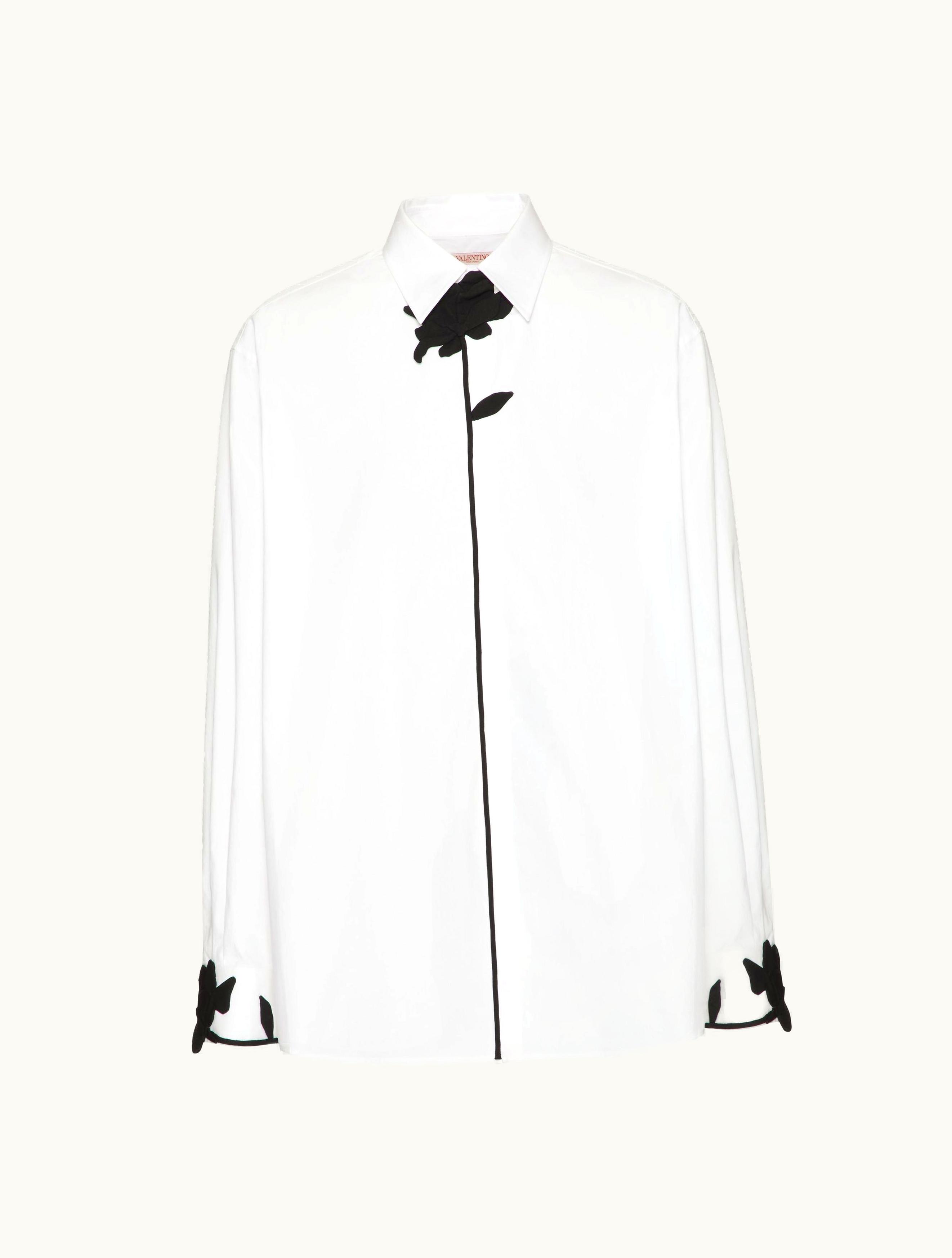 Valentino Valentino Long-sleeved Shirt In Cotton Poplin With Flower Embroidery For Man In White / Black