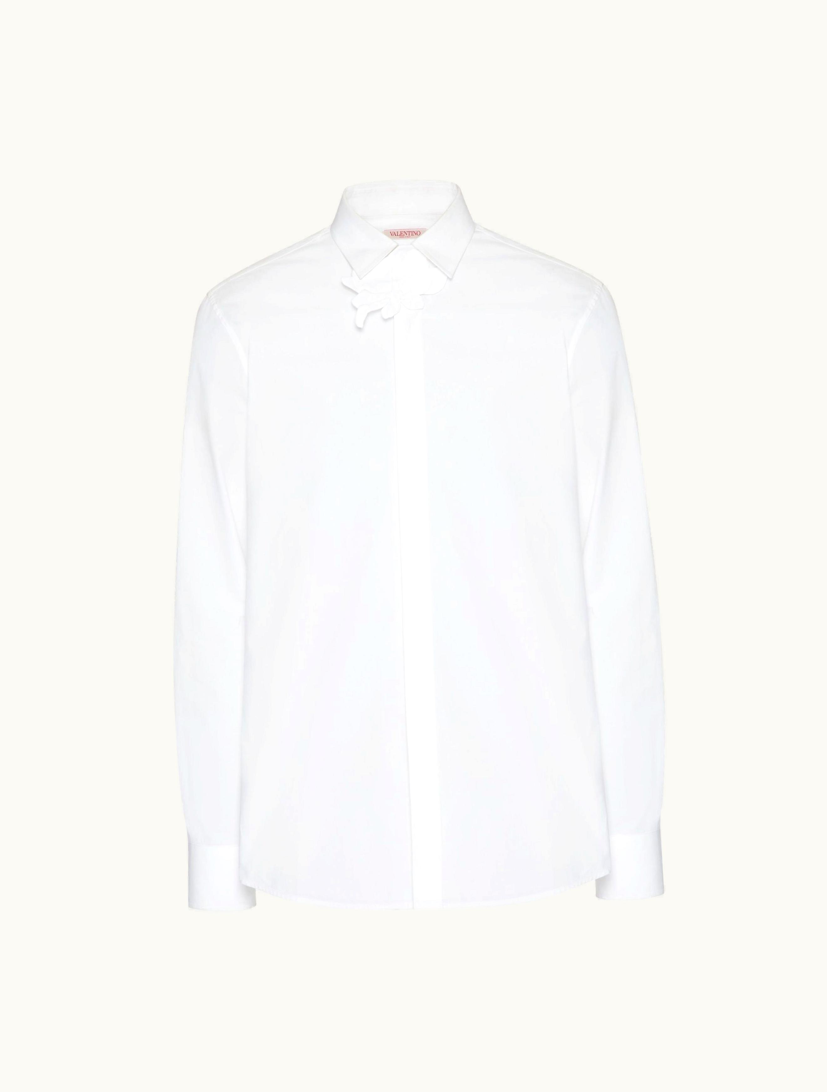 Valentino Valentino Long-sleeved Shirt In Cotton Poplin With Flower Patch For Man In White