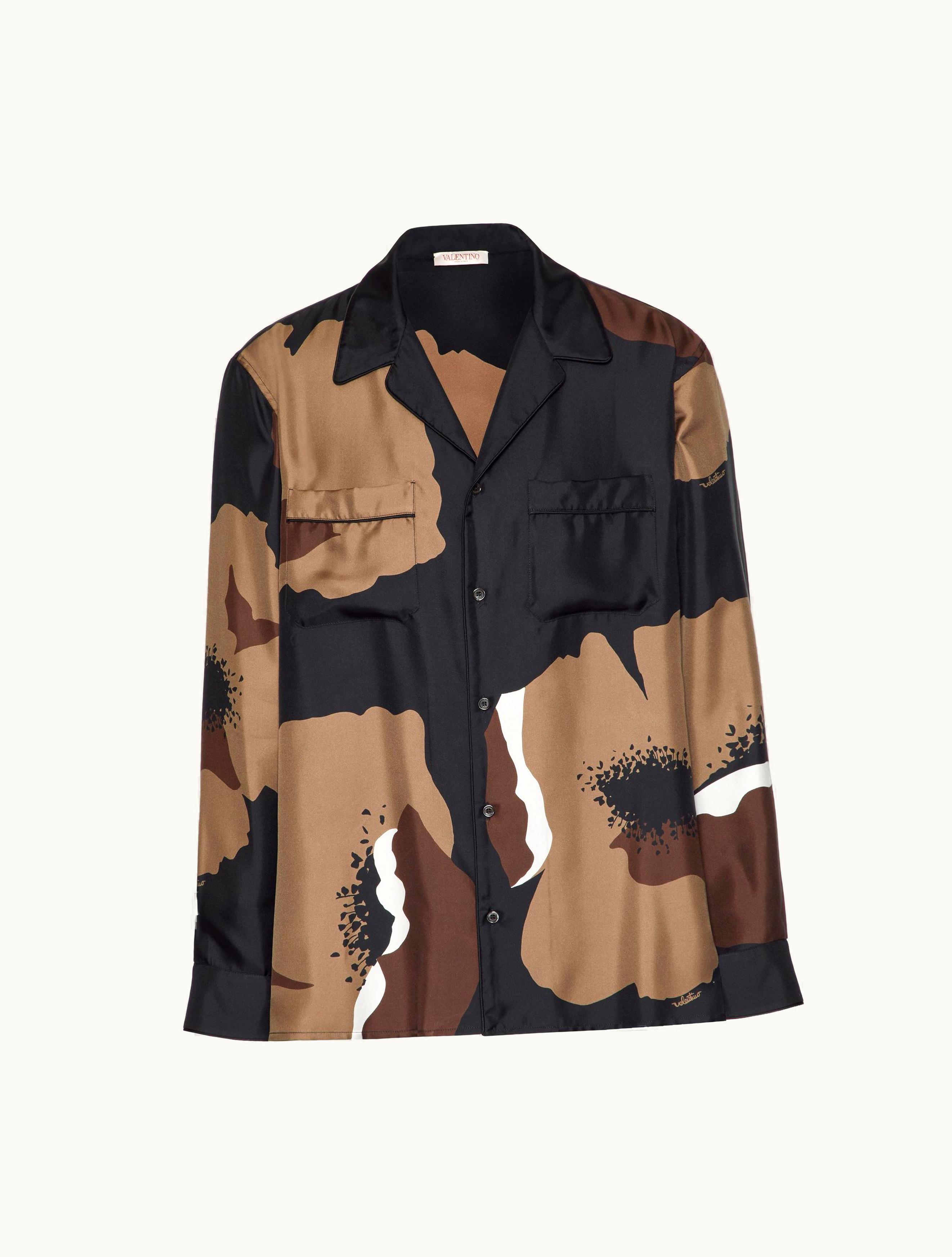 Valentino Silk Twill Pyjama Shirt With Valentino Flower Portrait Print For Man In Black / Clay / Ivory
