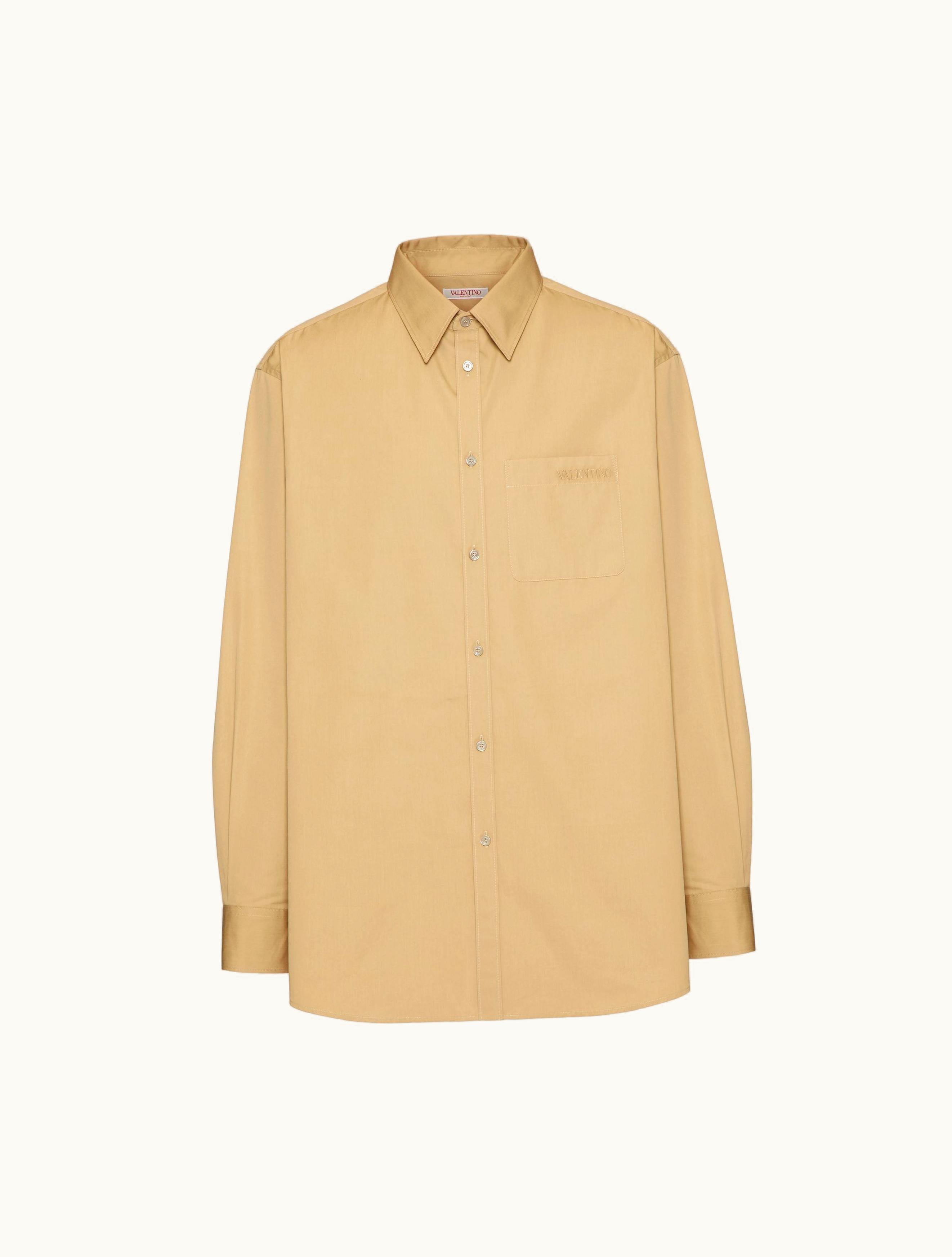 Valentino Long Sleeve Cotton Shirt With Valentino Embroidery For Man In Beige