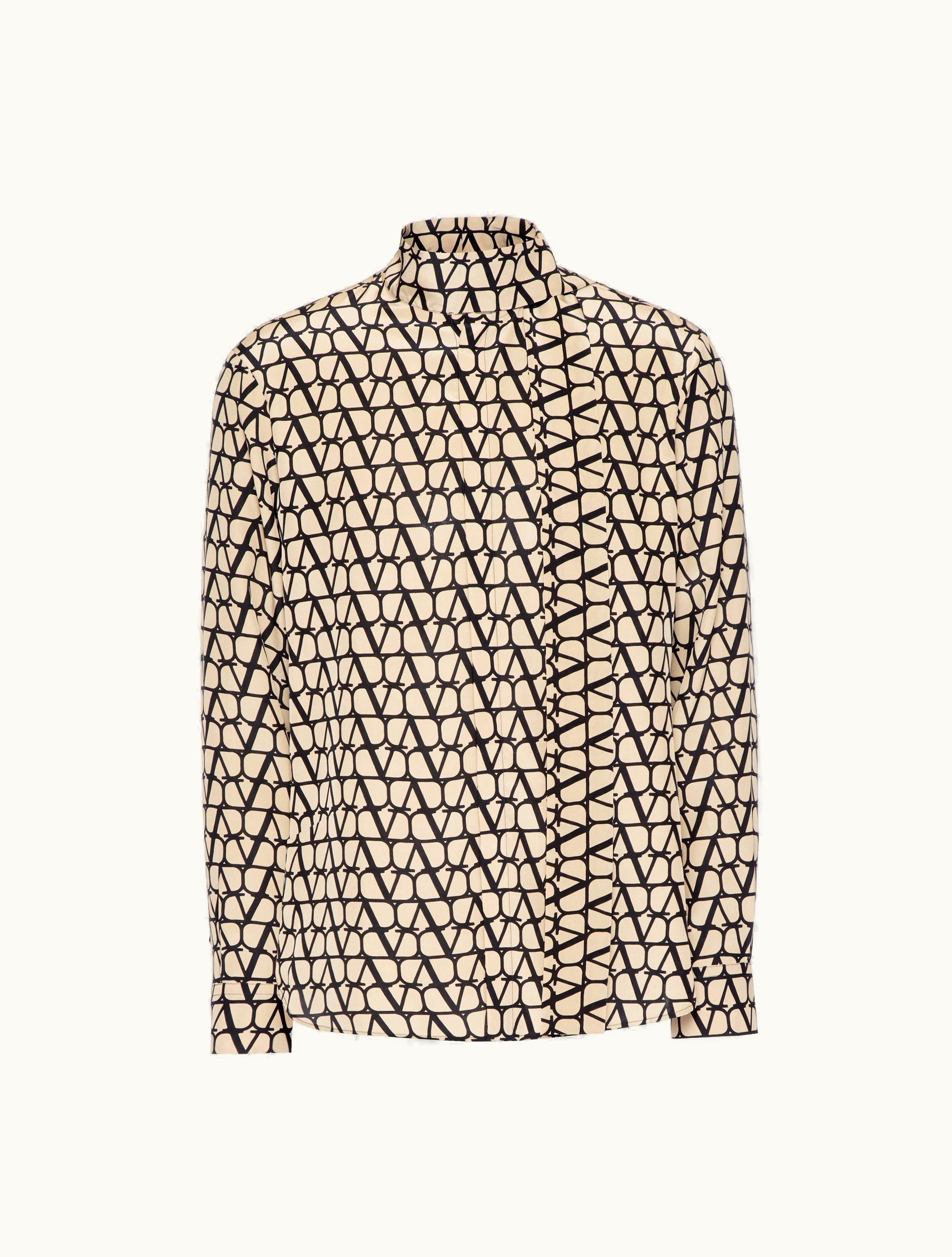 Valentino Valentino Silk Shirt With Neck Tie And All-over Toile Iconographe Print For Man In Beige / Black