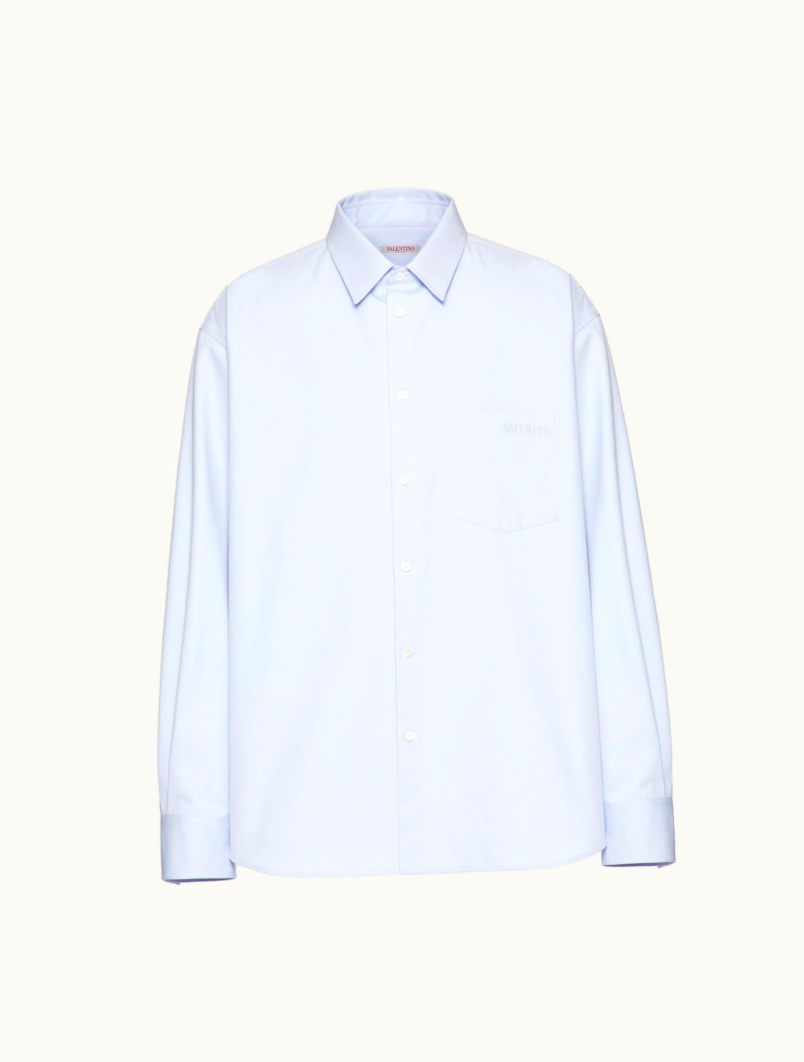 Valentino Technical Cotton Shirt With Valentino Embroidery For Man In Sky Blue