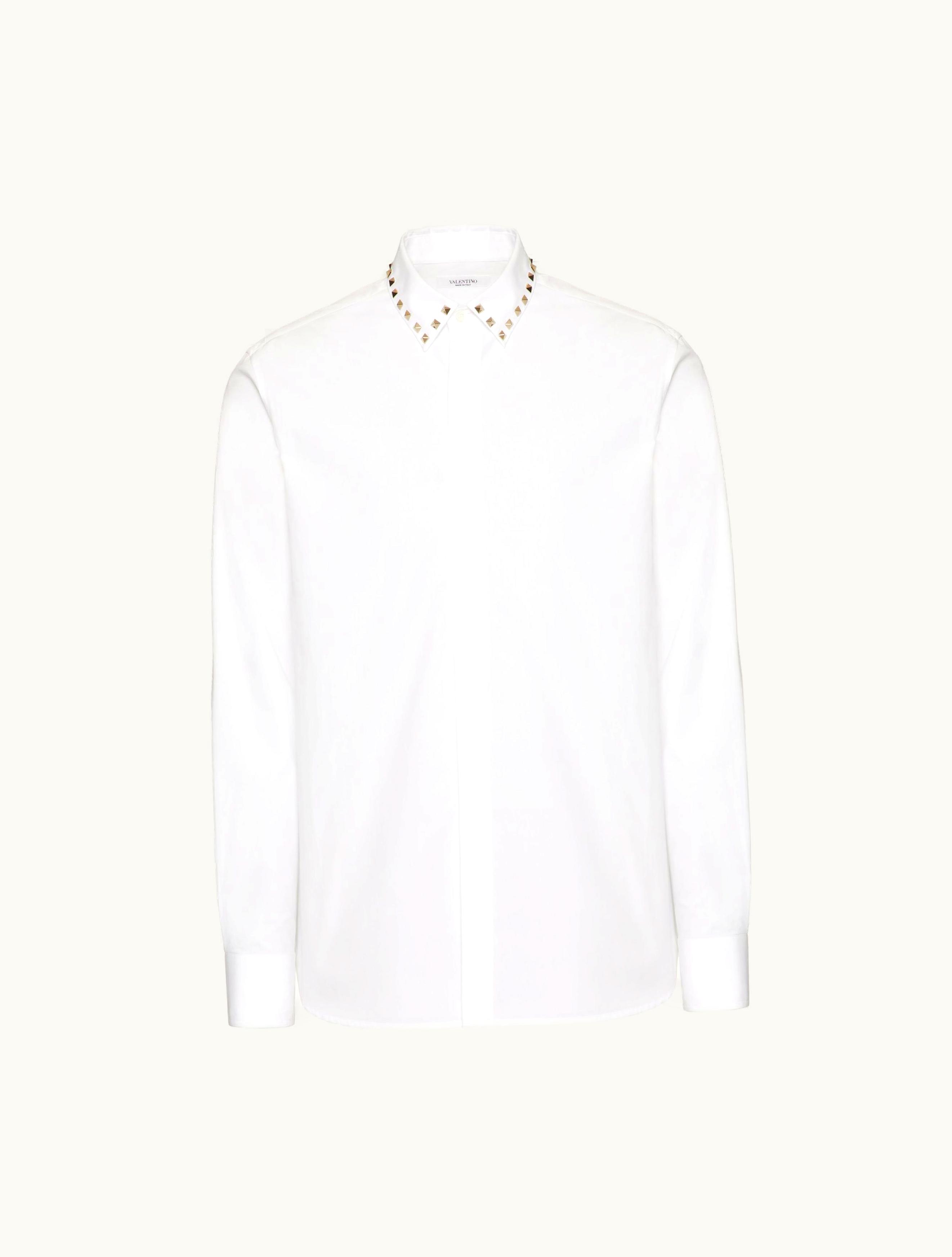Valentino Valentino Long Sleeve Cotton Shirt With Black Untitled Studs On Collar For Man In White