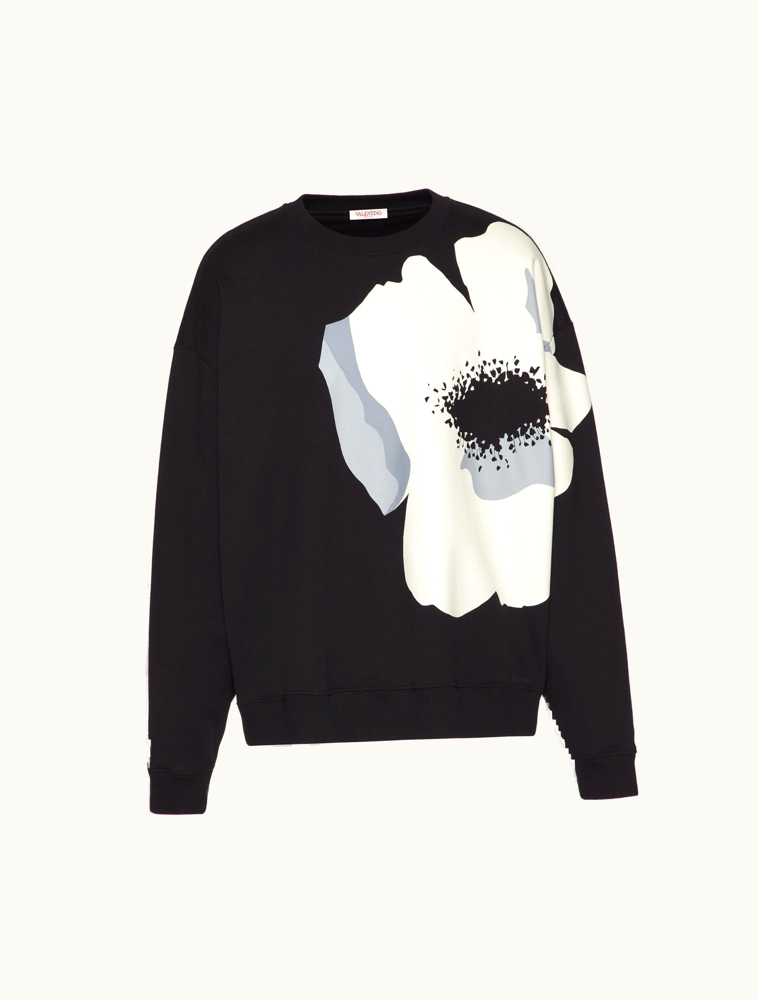 Valentino Cotton Crewneck Sweatshirt With Valentino Flower Portrait Print For Man In Black / Grey / Ivory