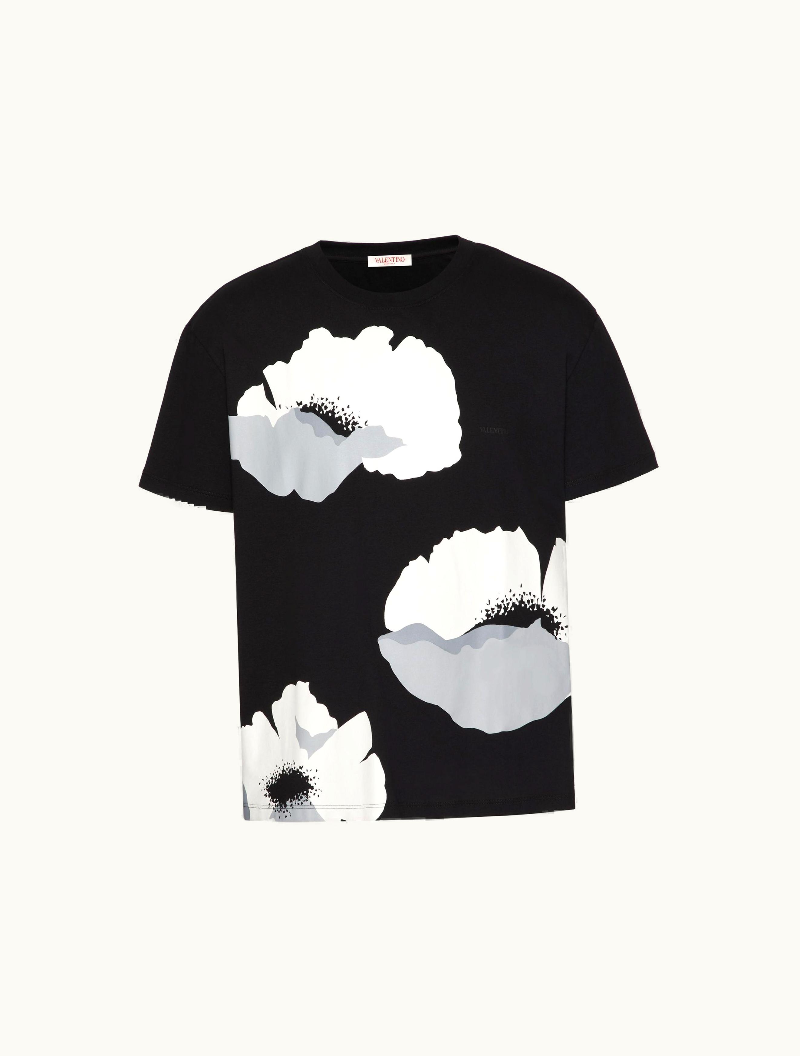 Valentino Cotton T-shirt With Valentino Flower Portrait Print For Man In Black / Grey