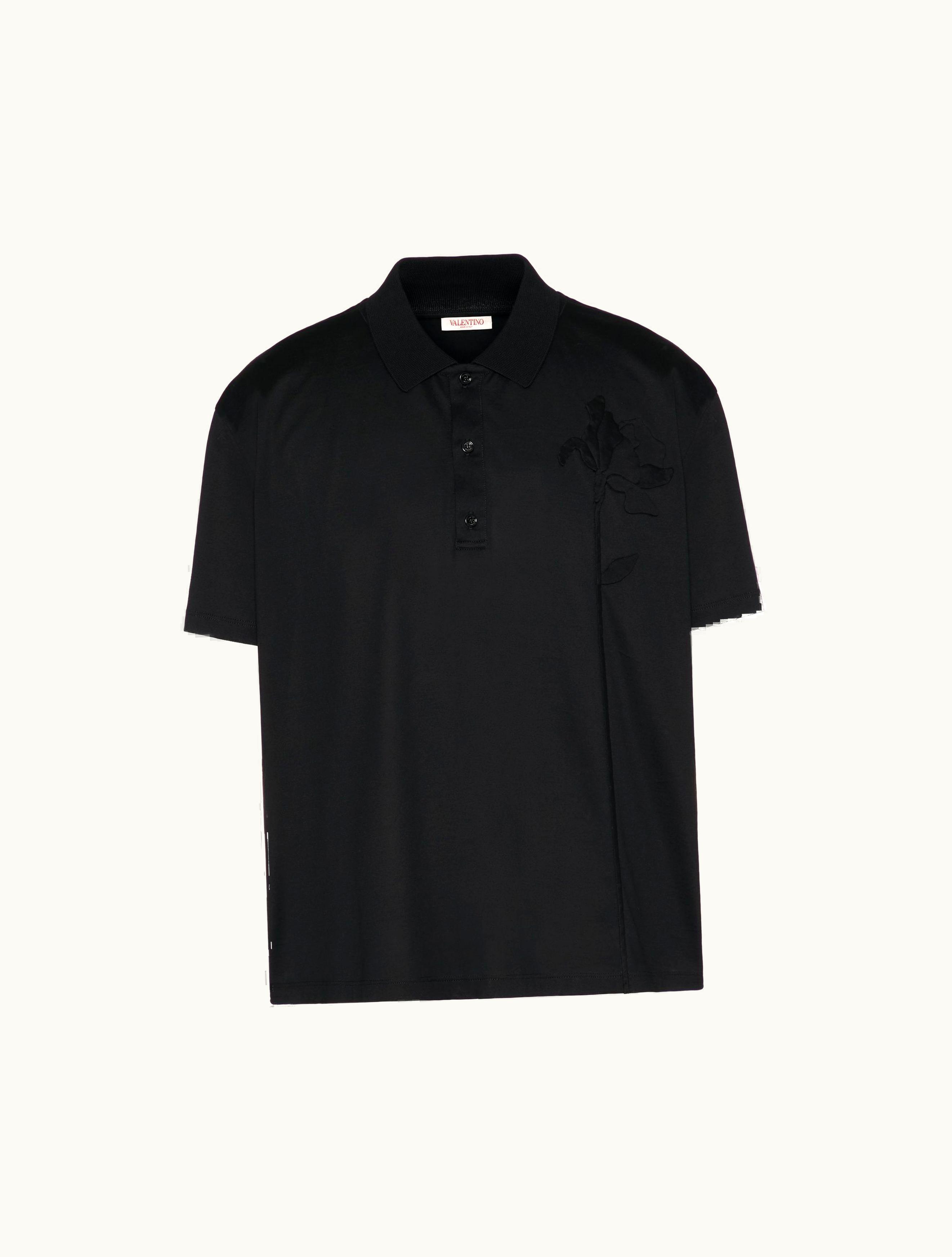 Valentino Valentino Mercerised Cotton Polo Shirt With Flower Embroidery For Man In Black