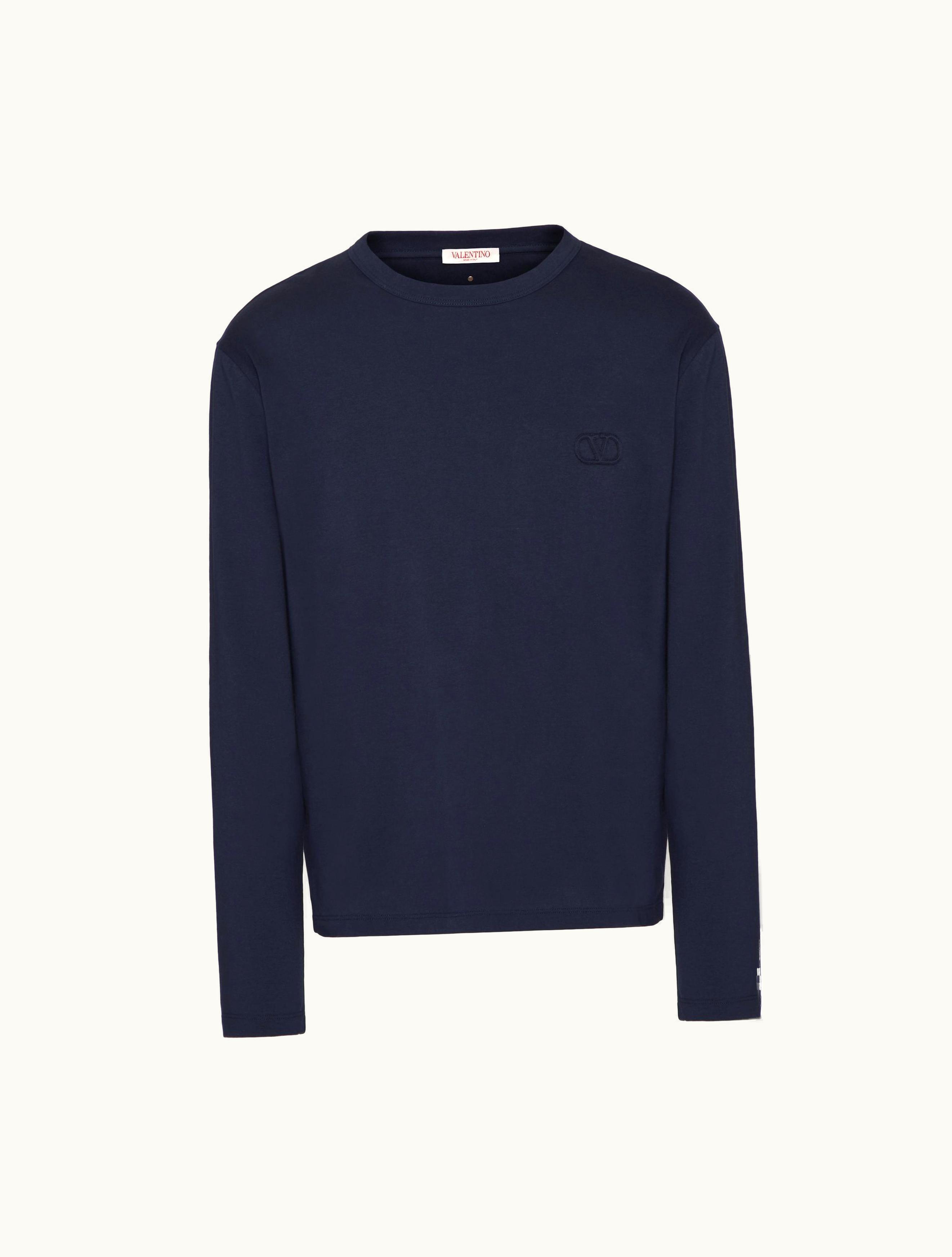 Valentino Valentino Long-sleeve Cotton T-shirt With Vlogo Signature Patch For Man In Navy