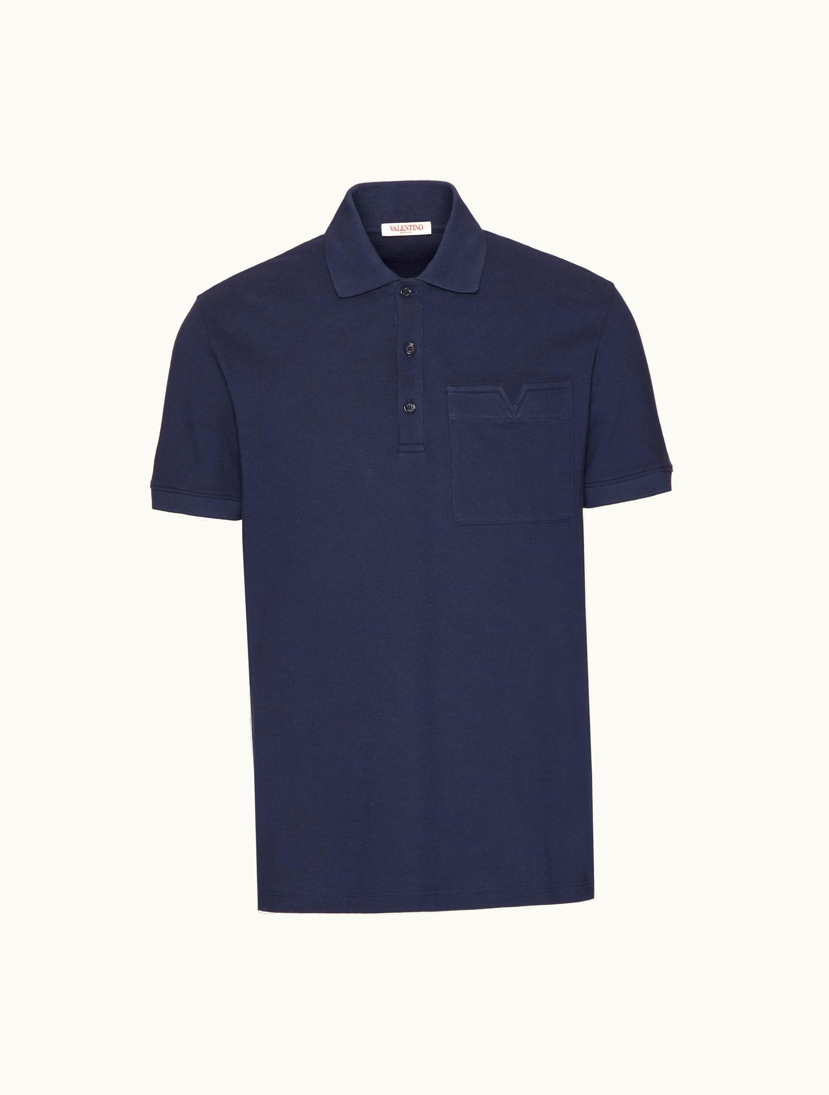 Valentino Valentino Cotton Piqué Polo Shirt With Topstitched V Detail For Man In Navy