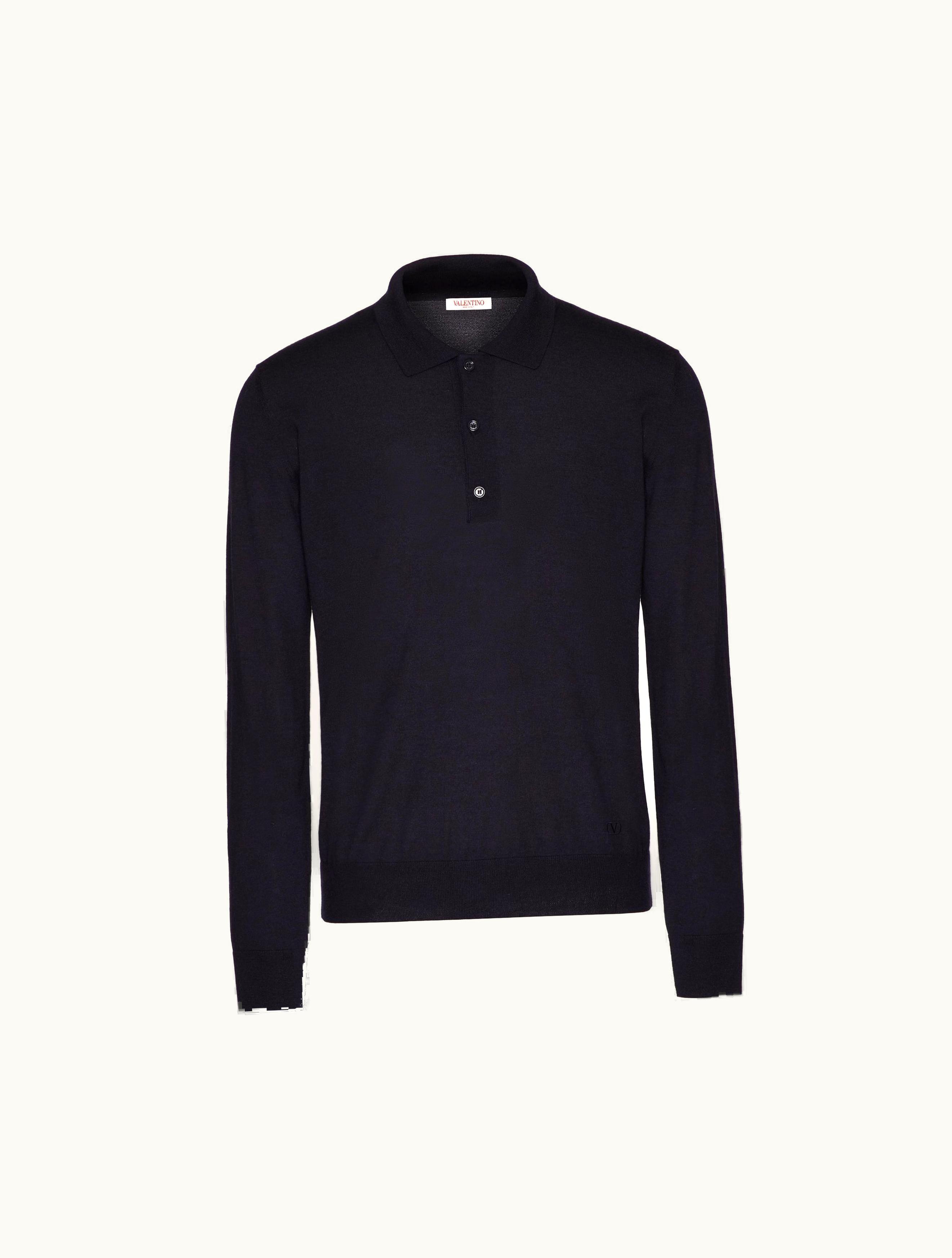 Valentino Valentino Long-sleeve Cashmere And Silk Polo Shirt With Vlogo Signature Embroidery For Man In Navy
