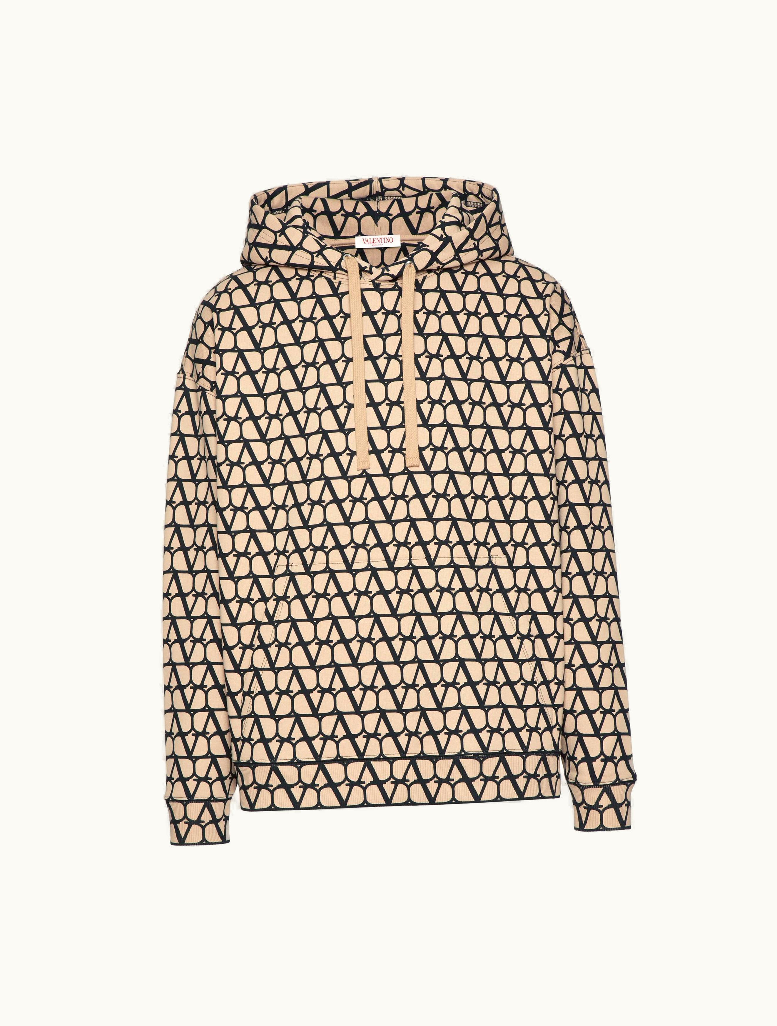 Valentino Valentino Cotton Hooded Sweatshirt With Toile Iconographe Print For Man In Beige / Black