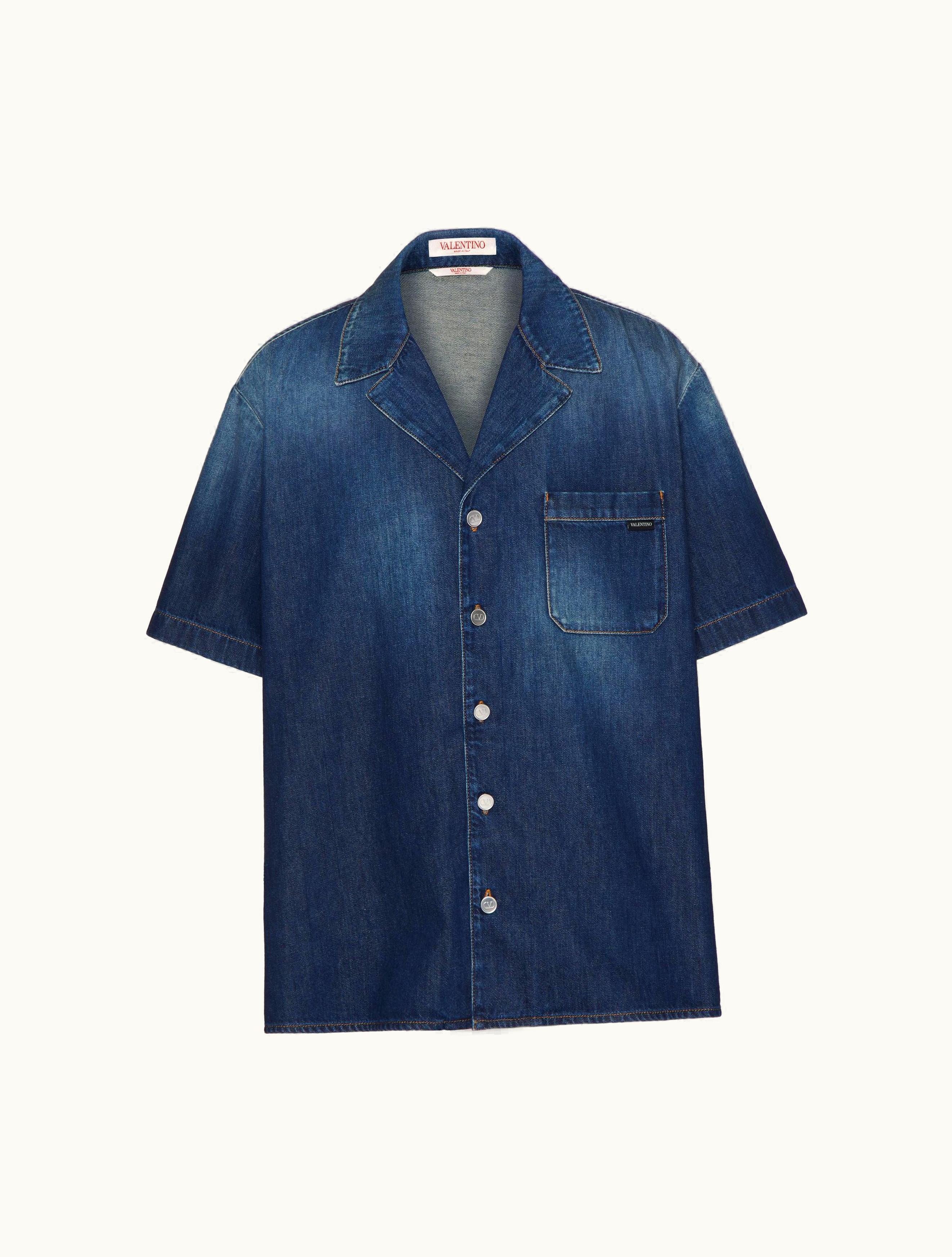 Valentino Valentino Denim Chambray Bowling Shirt For Man In Denim