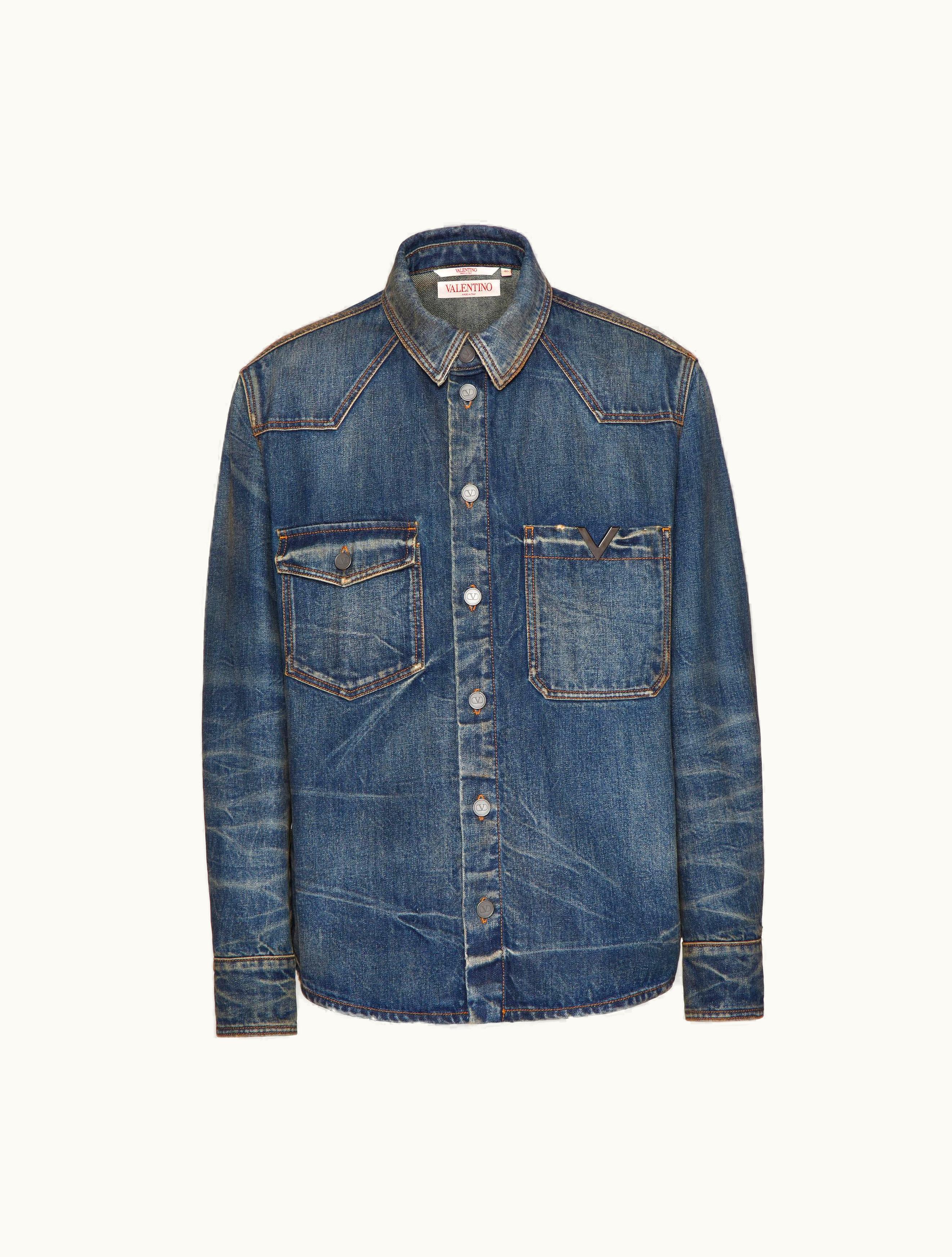 Valentino Valentino Denim Shirt With Metallic V Detail For Man In Denim