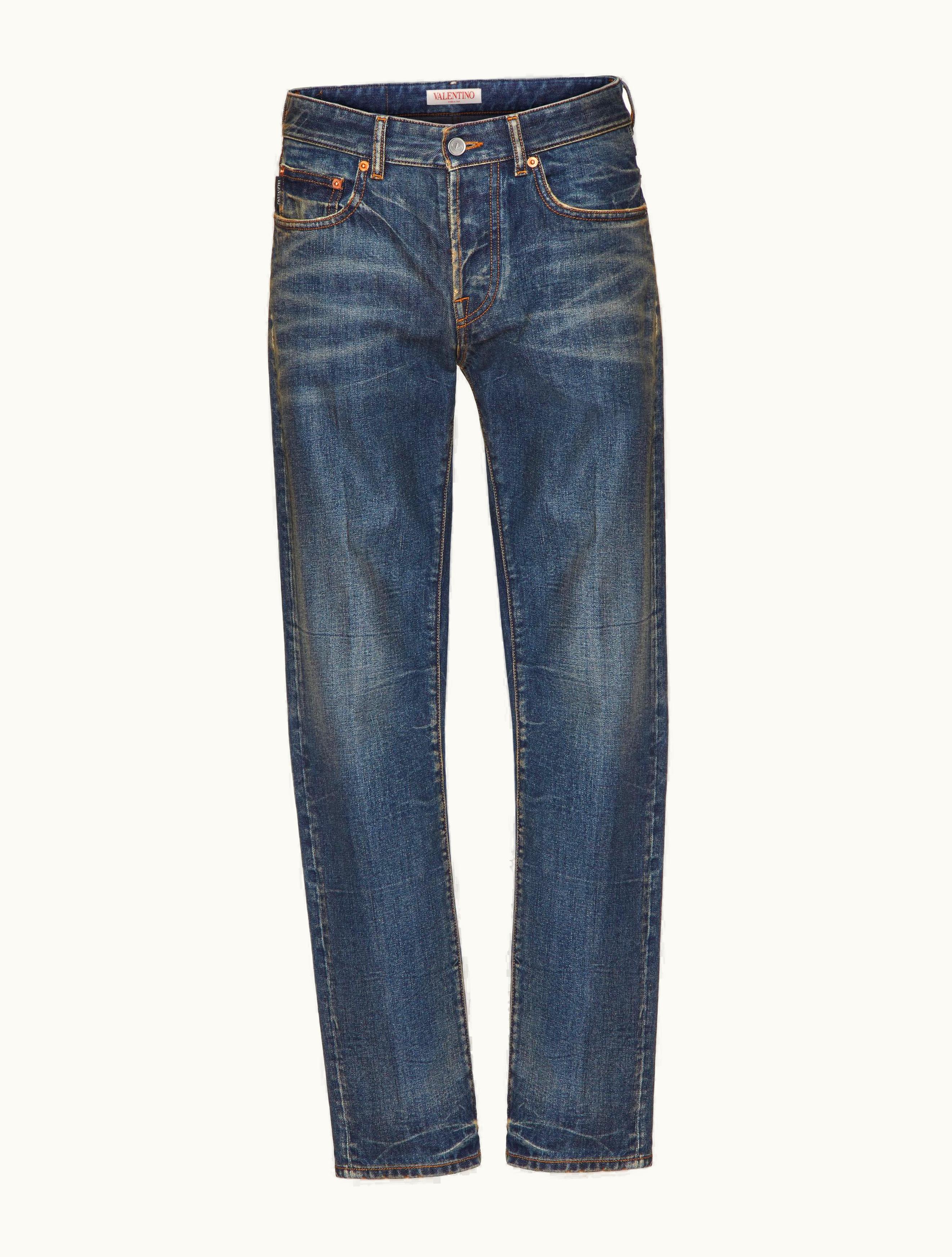 Valentino Valentino Denim Trousers With Metallic V Detail For Man In Denim