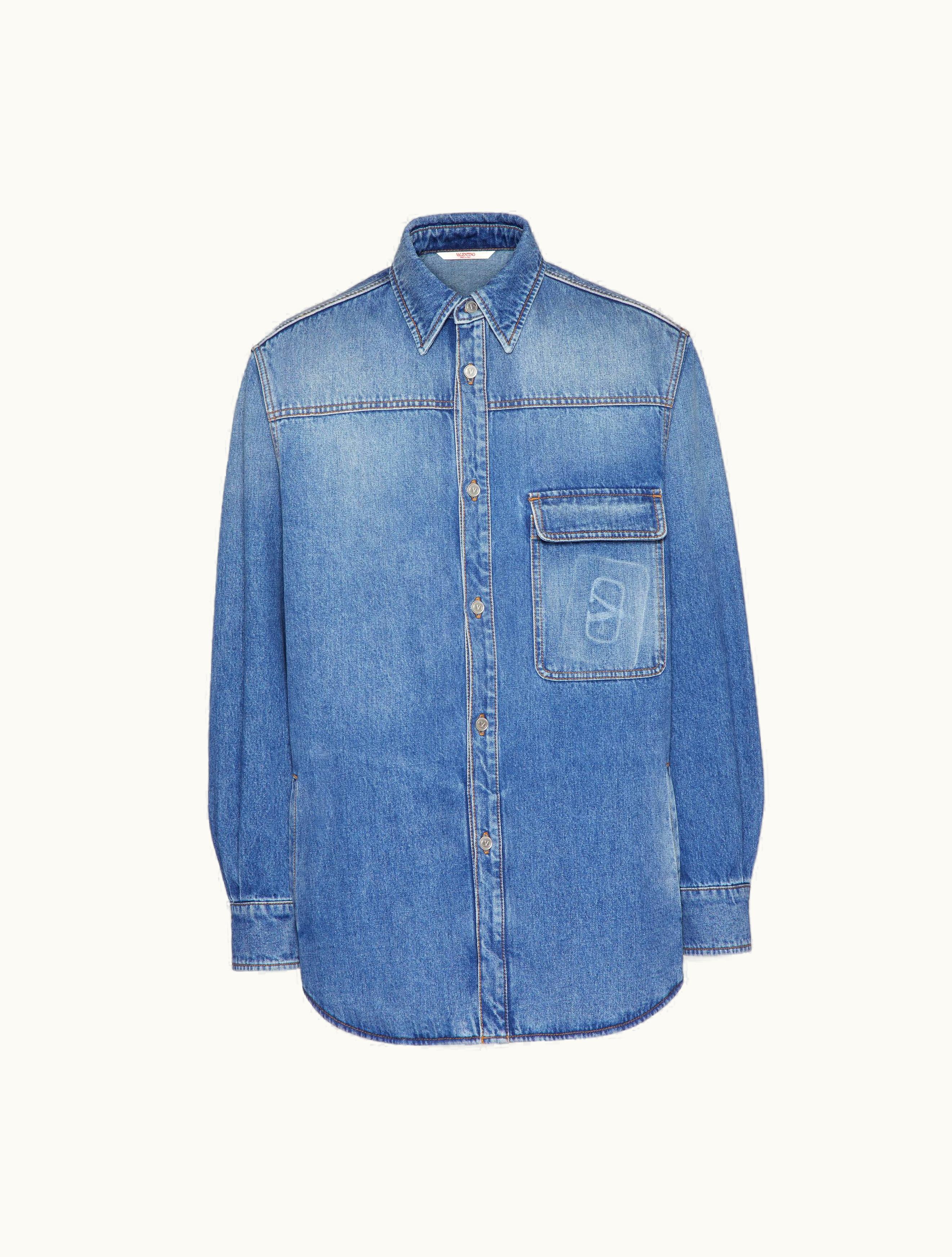 Valentino Valentino Denim Shirt With Embossed Vlogo Signature For Man In Denim