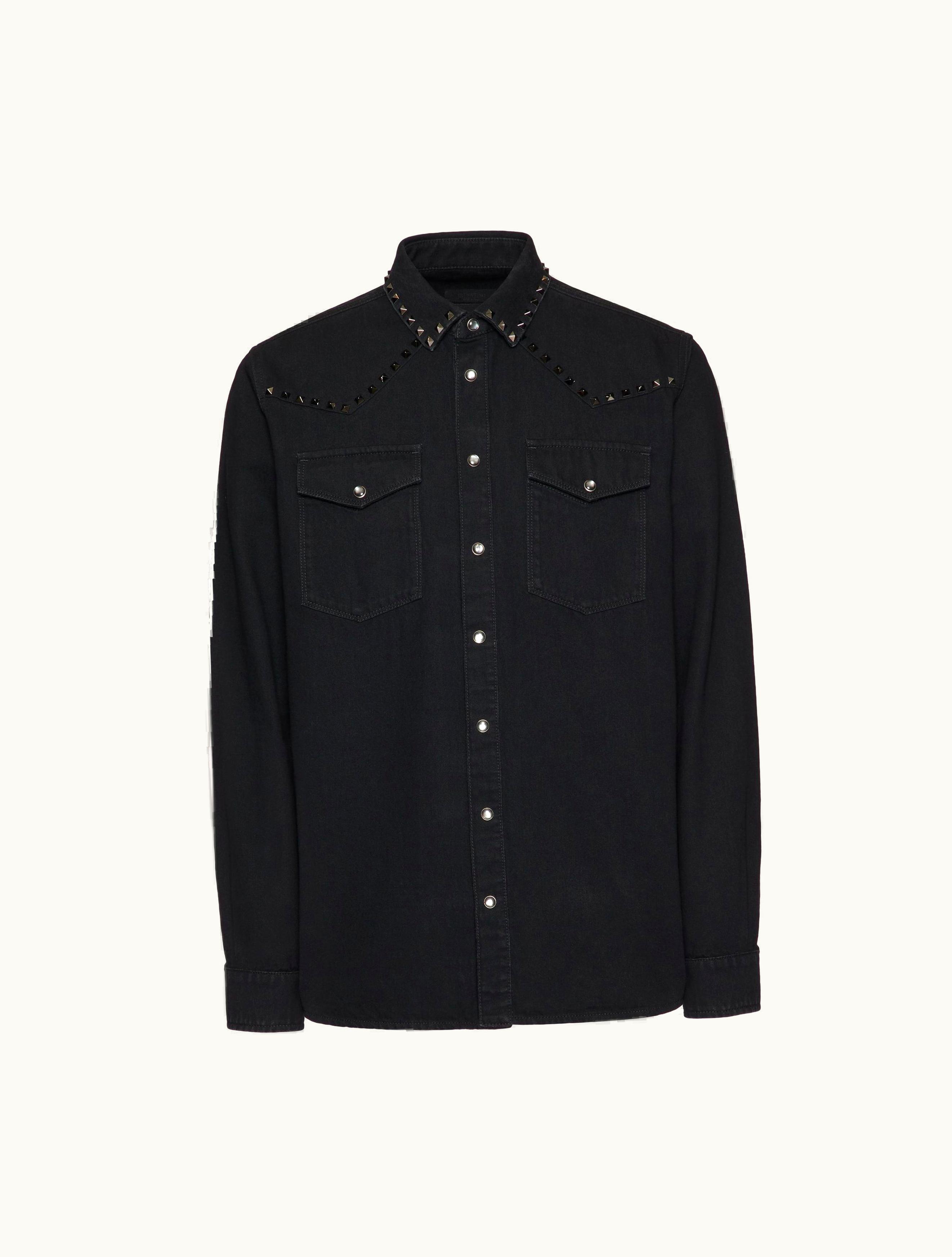 Valentino Valentino Denim Shirt With Black Untitled Studs For Man In Black