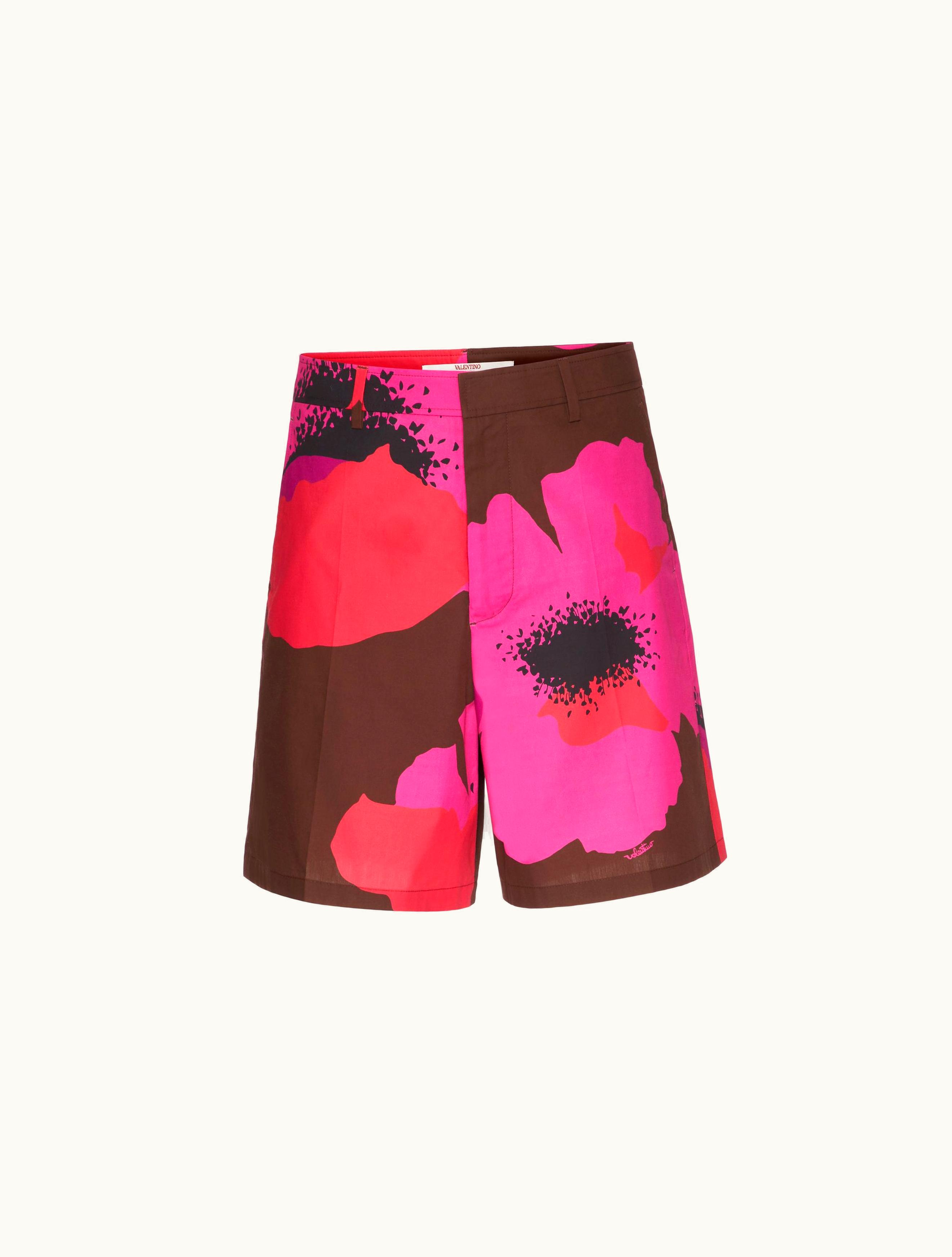 Valentino Cotton Poplin Bermuda Shorts With Valentino Flower Portrait Print For Man In Emerald / White