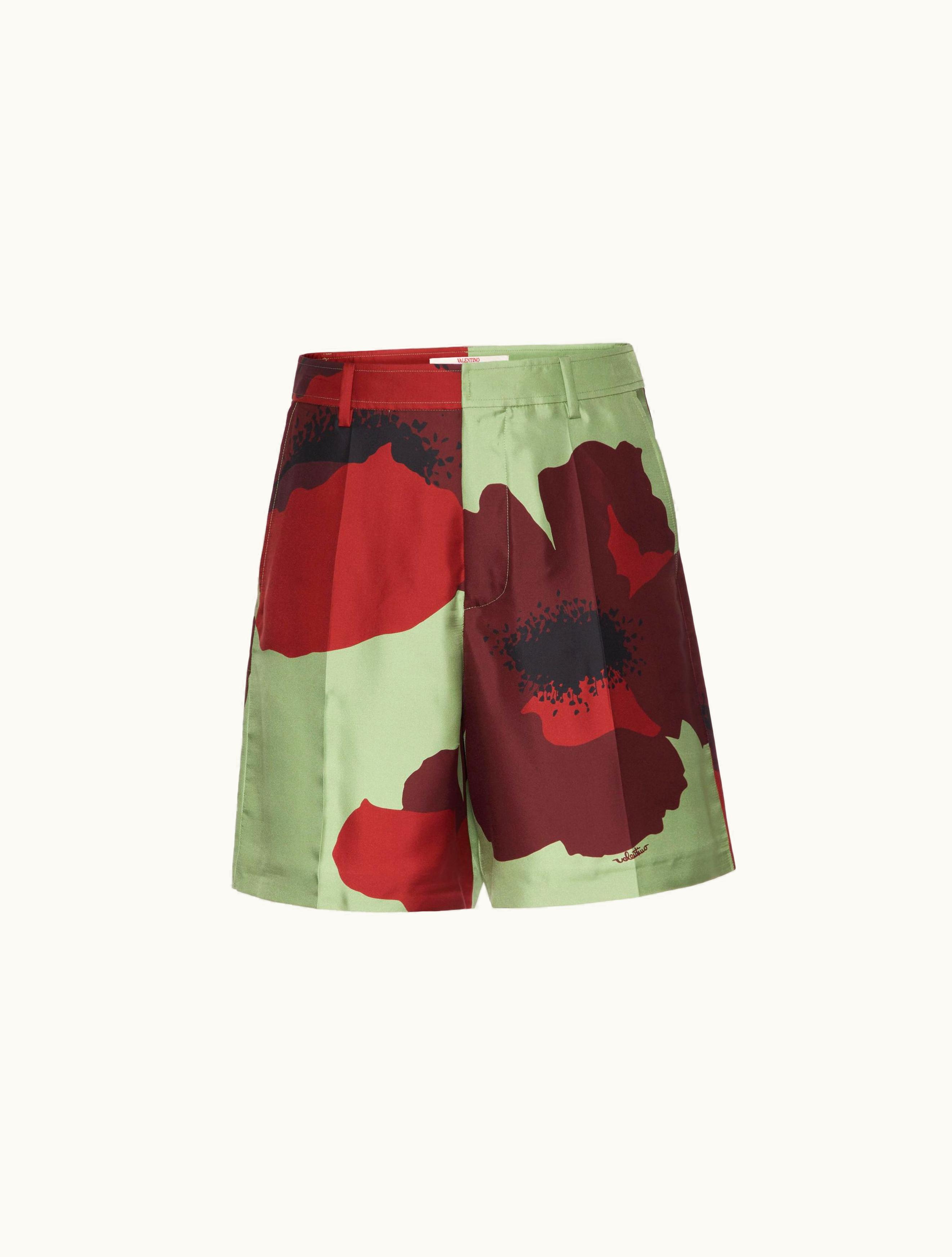 Valentino Silk Twill Bermuda Shorts With Valentino Flower Portrait Print For Man In Mint / Red / Rubin