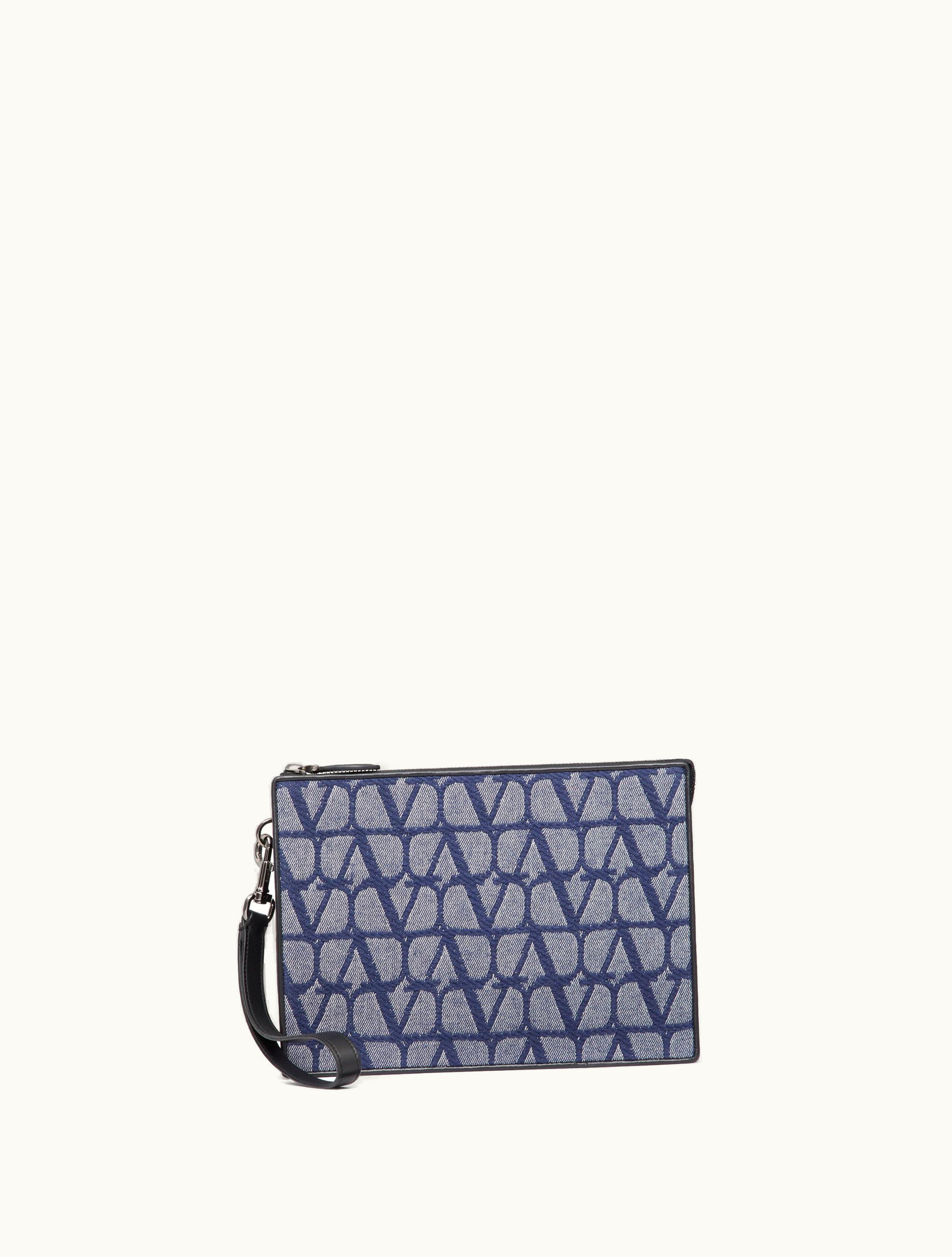 Valentino Valentino Toile Iconographe Pouch In Denim-effect Jacquard Fabric With Leather Details For Man In Denim / Black