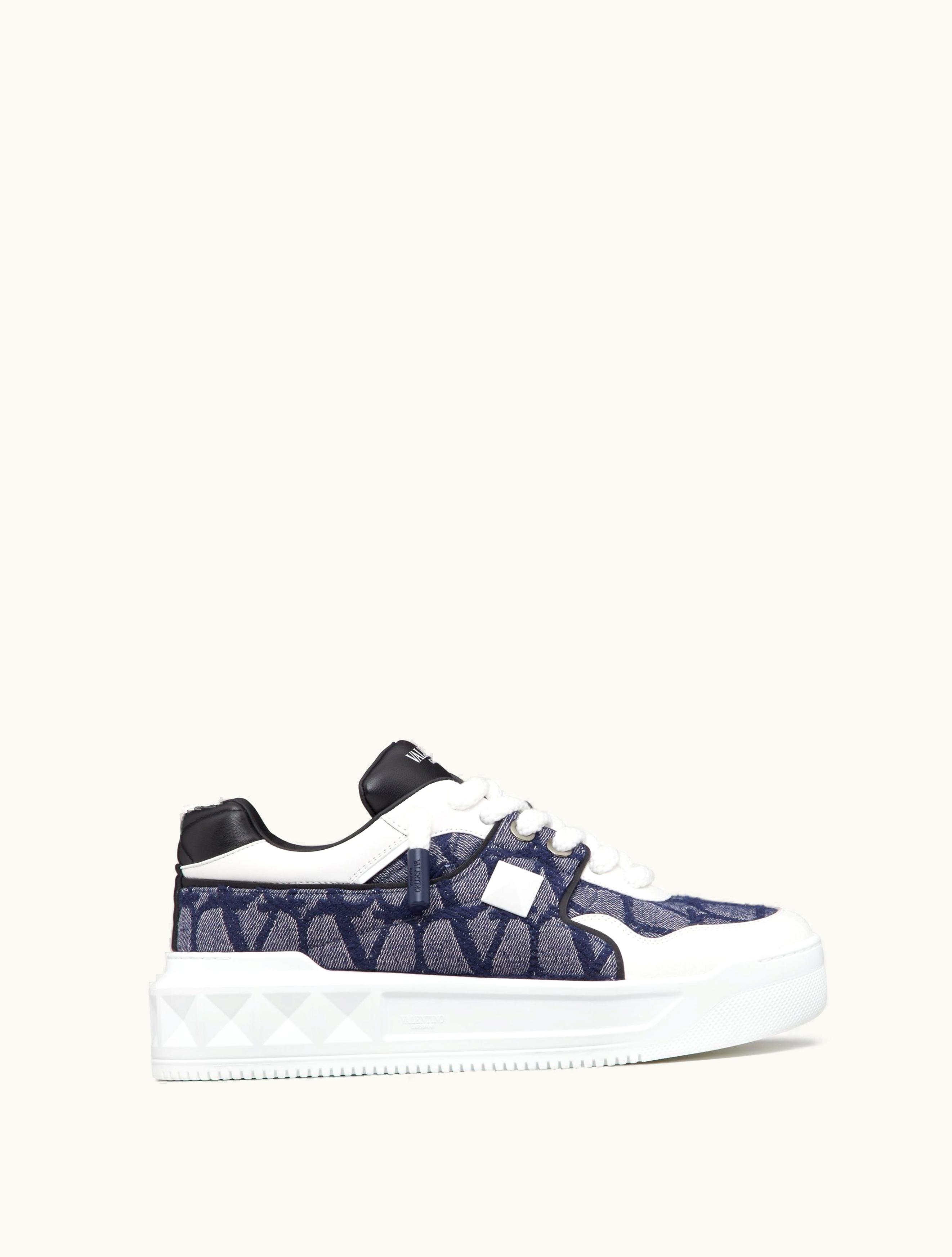 Valentino Valentino One Stud XL Low-top Trainer In Denim-effect Toile Iconographe Jacquard Fabric For Man In White / Black / Denim