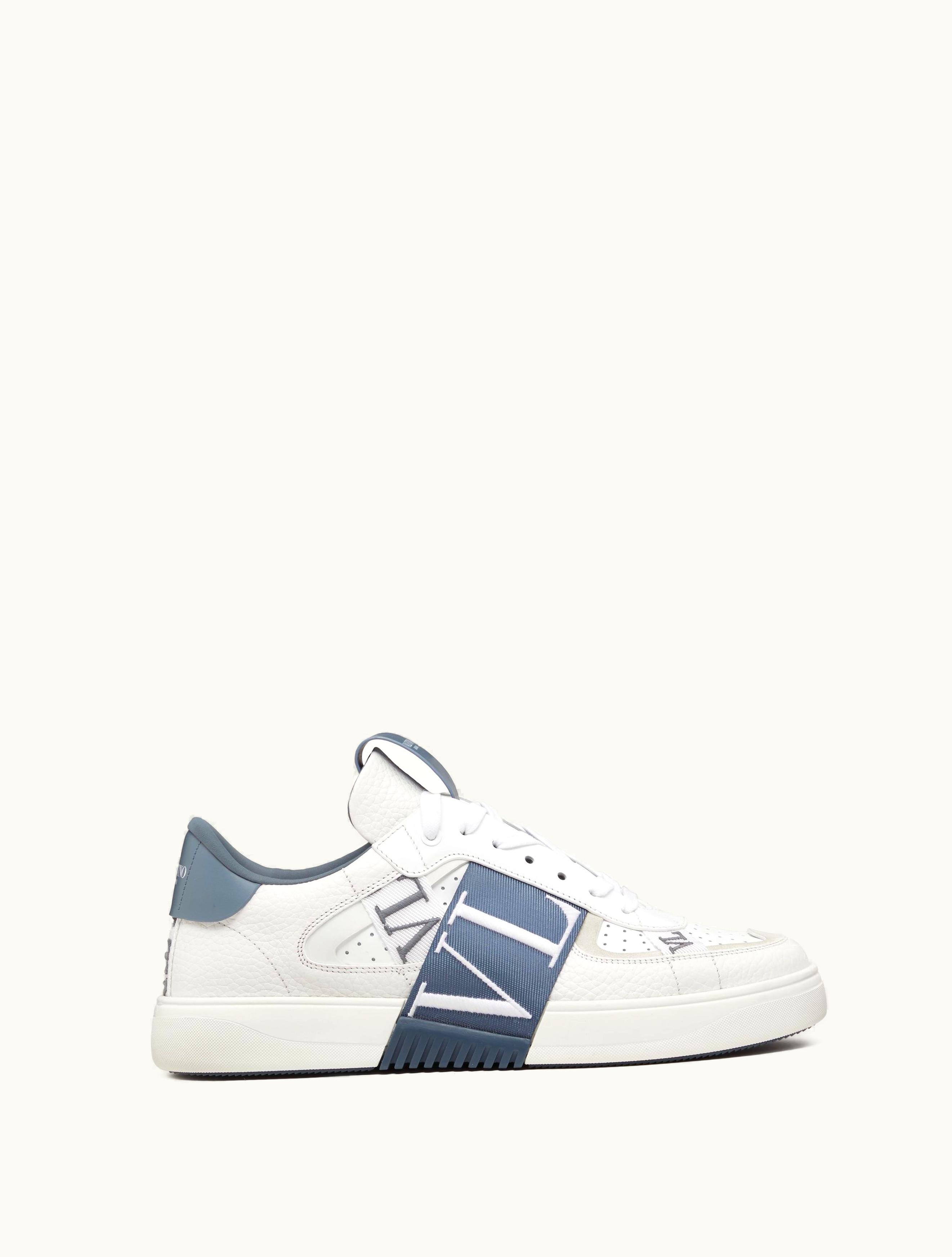 Valentino Valentino Vl7n Low-top Calfskin And Fabric Sneaker With Bands For Man In White / Blue