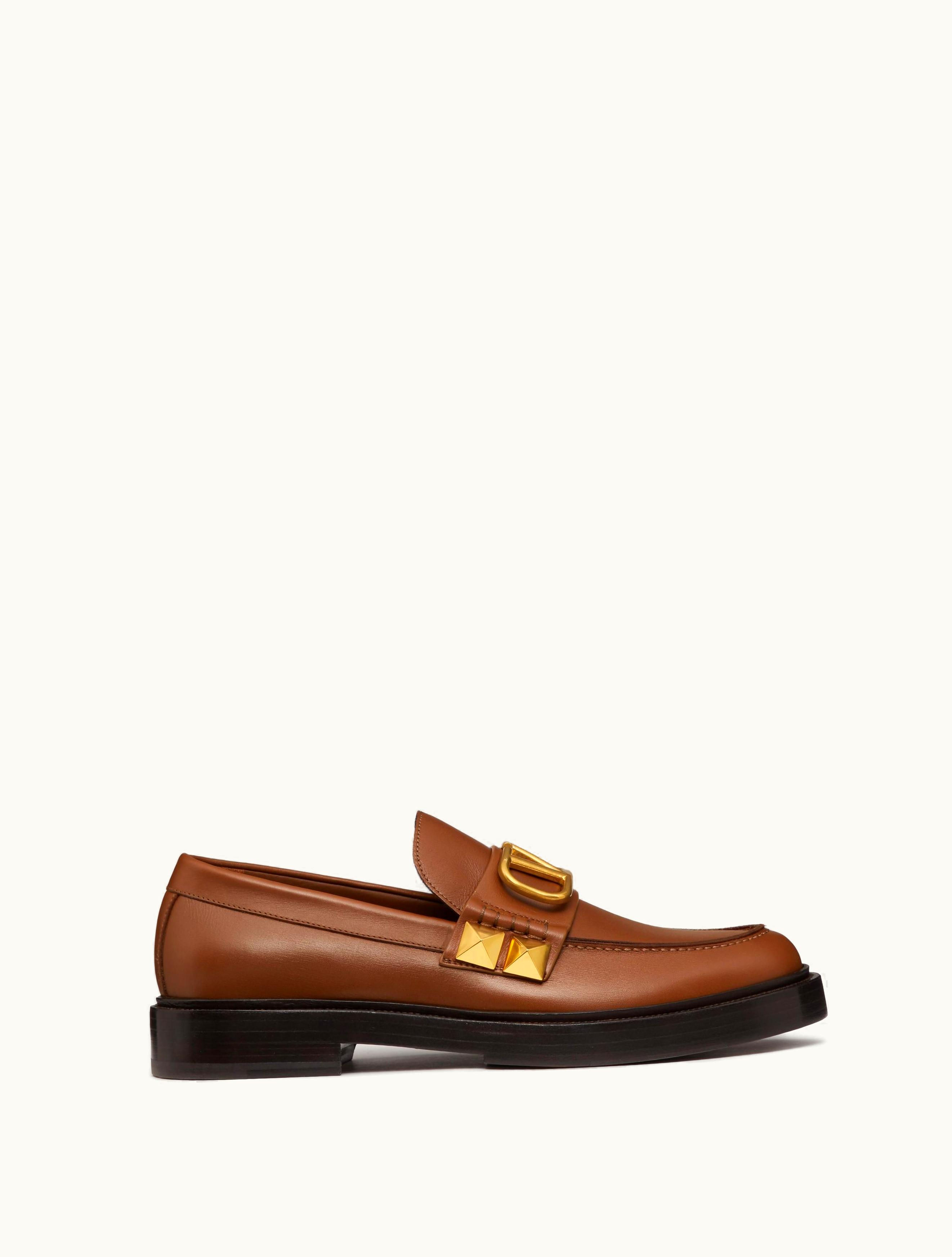 Valentino Valentino Calfskin Stud Sign Loafer For Man In Tan Brown
