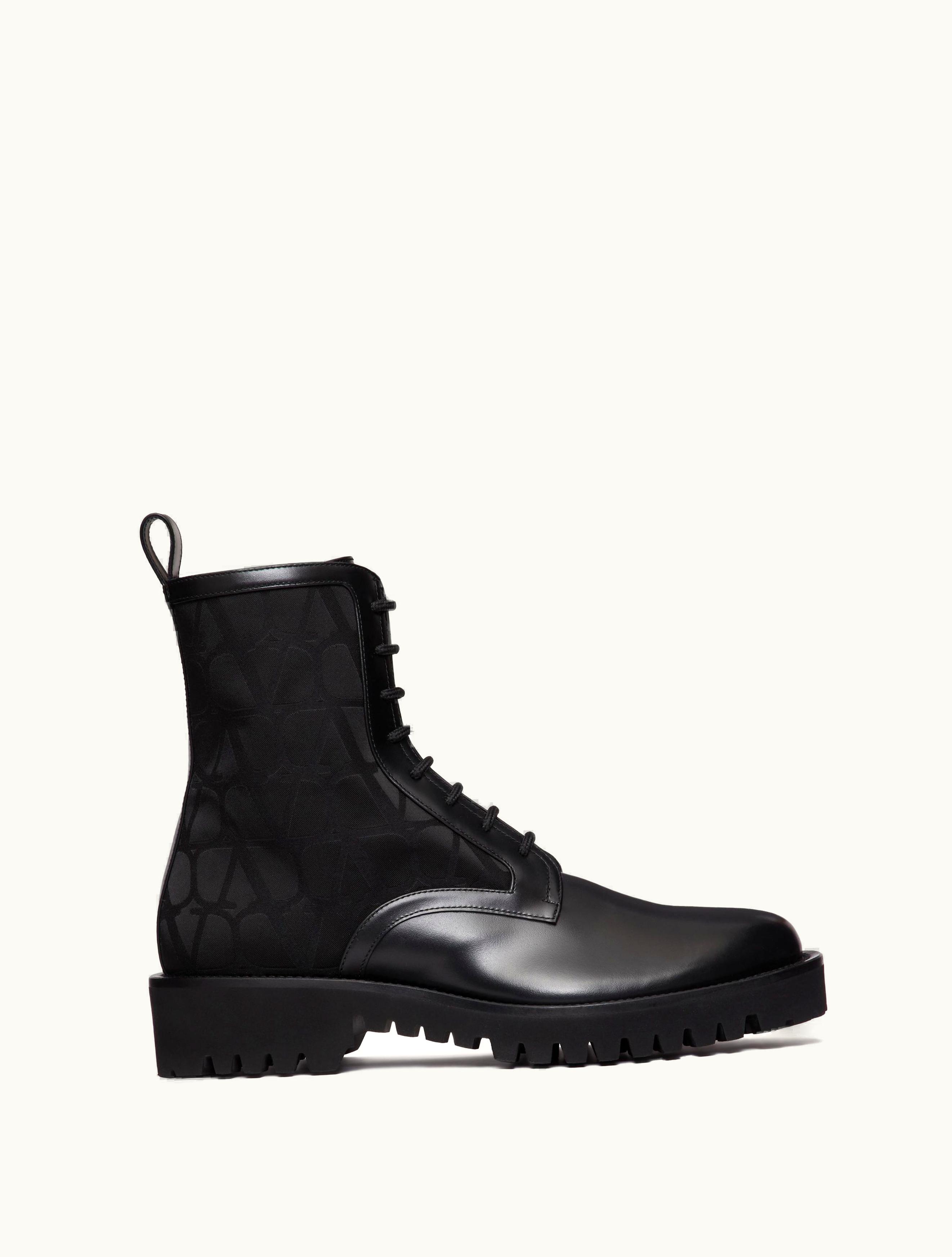 Valentino Valentino Toile Iconographe Combat Boot In Toile Iconographe Technical Fabric And Calfskin For Man In Black