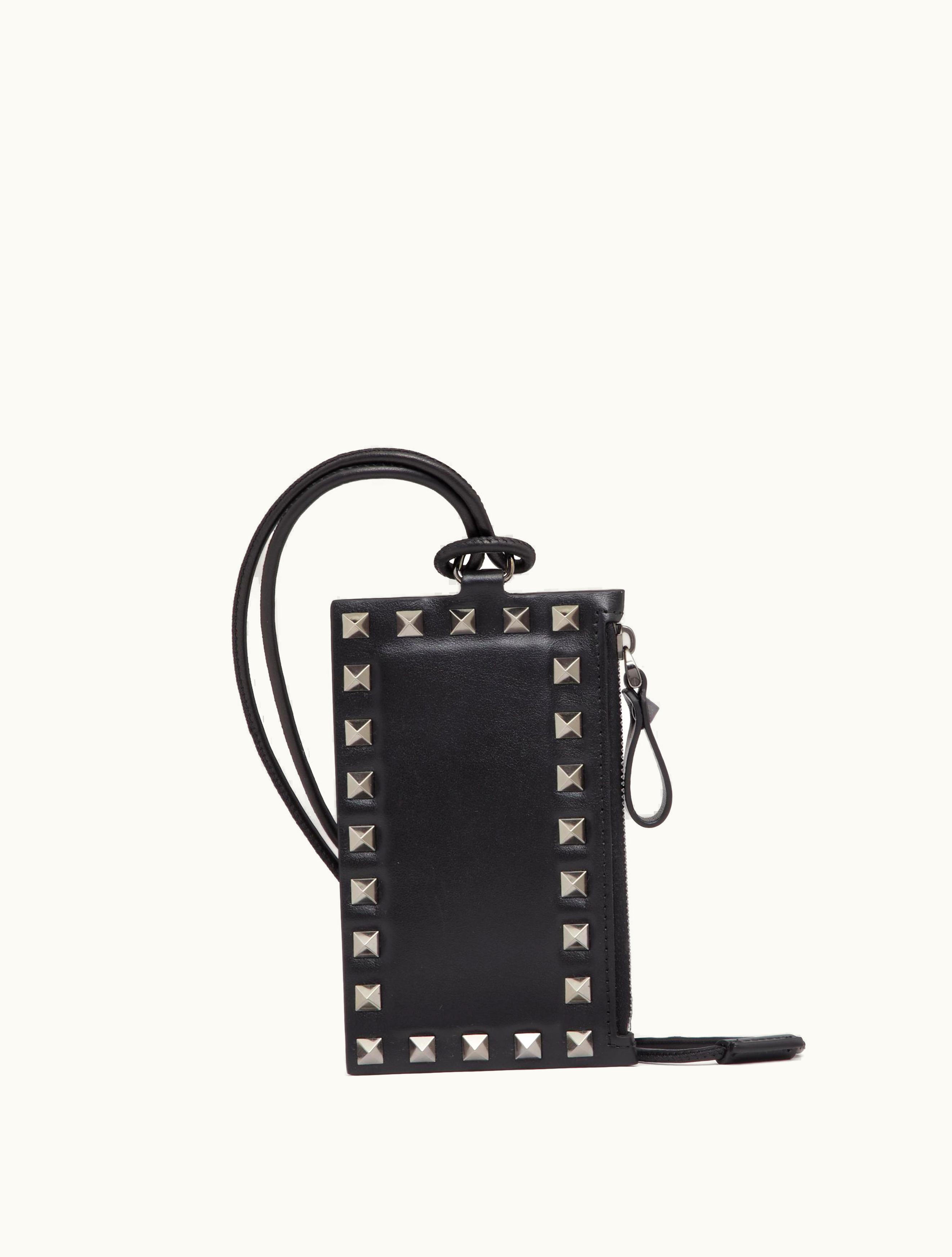 Valentino Valentino Rockstud Calfskin Card Holder With Neck Strap For Man In Black