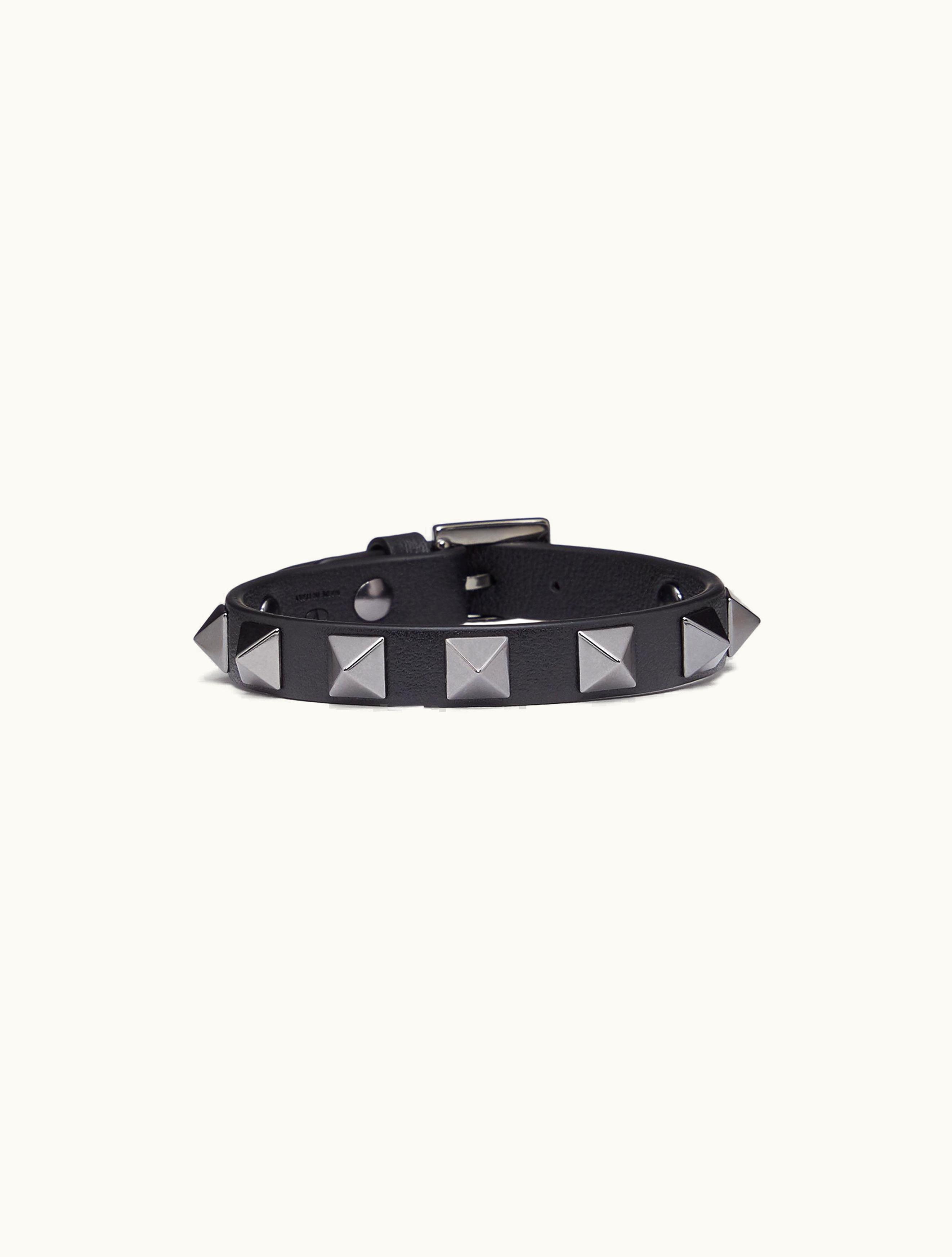 Valentino Valentino Rockstud Leather Bracelet With Ruthenium Studs For Man In Black