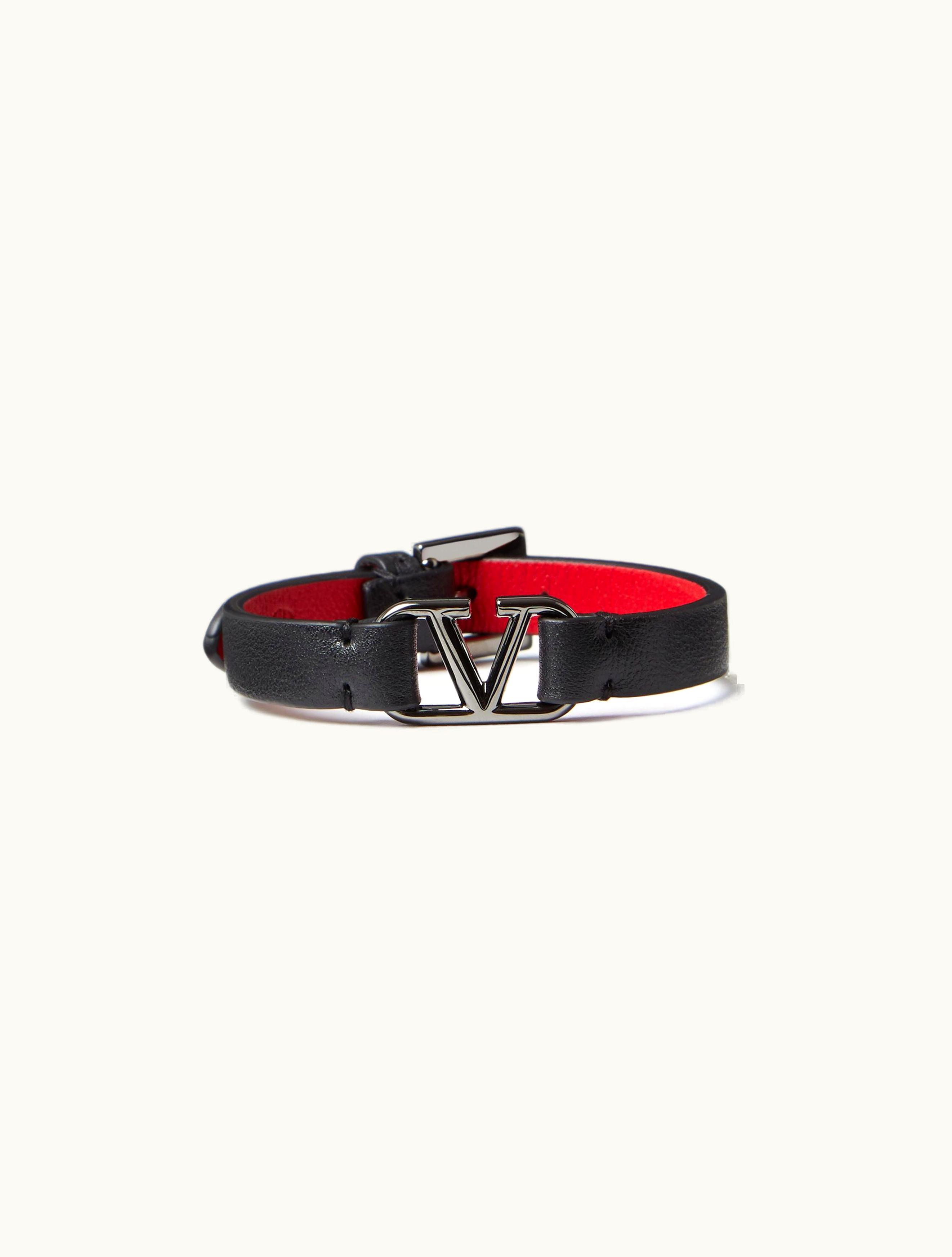 Valentino Valentino Vlogo Signature Leather Bracelet For Man In Black / Pure Red