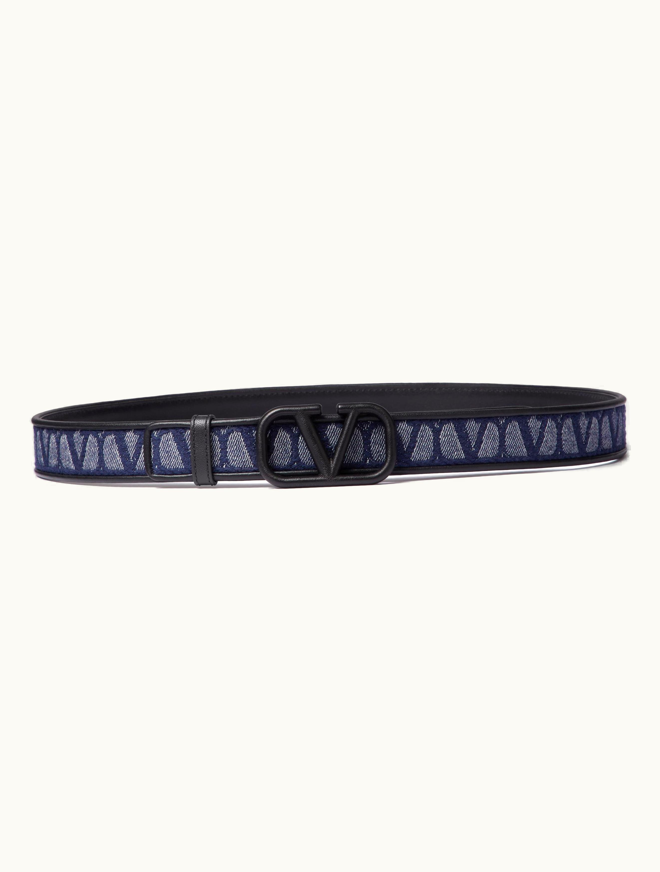 Valentino Valentino Toile Iconographe Belt In Jacquard Fabric With Leather Details For Man In Denim / Black