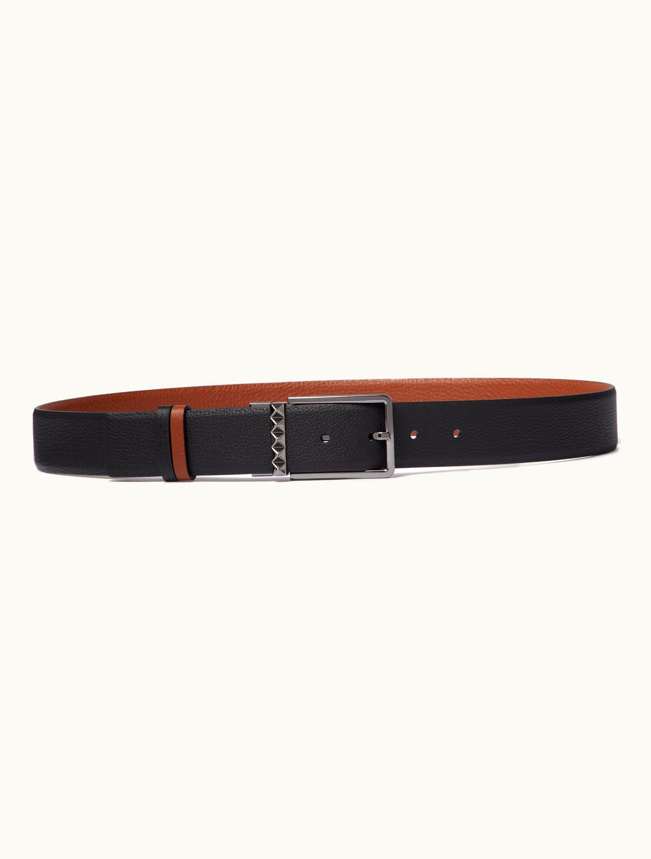 Valentino Valentino Rockstud Reversible Belt In Grainy Calfskin 35 MM For Man In Black / Saddle Brown