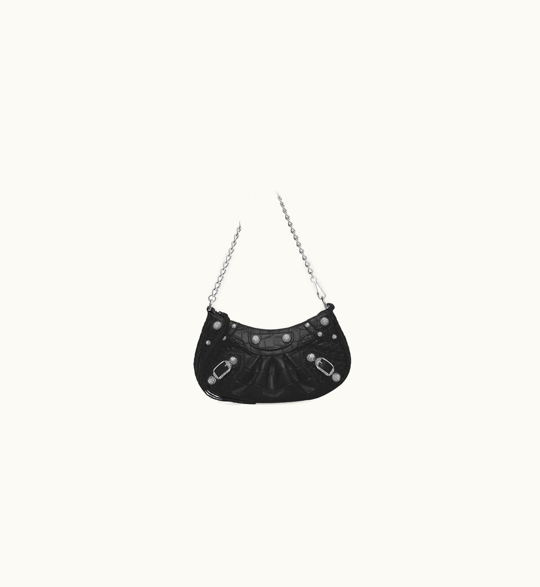 Balenciaga Balenciaga Women's Le Cagole Mini Bag With Chain Crocodile Embossed With Rhinestones In Black