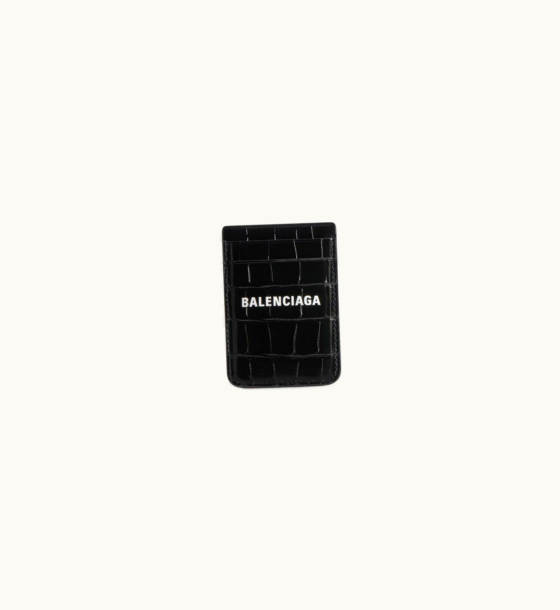 Balenciaga Balenciaga Women's Cash Magnet Card Holder Crocodile Embossed In Black / White
