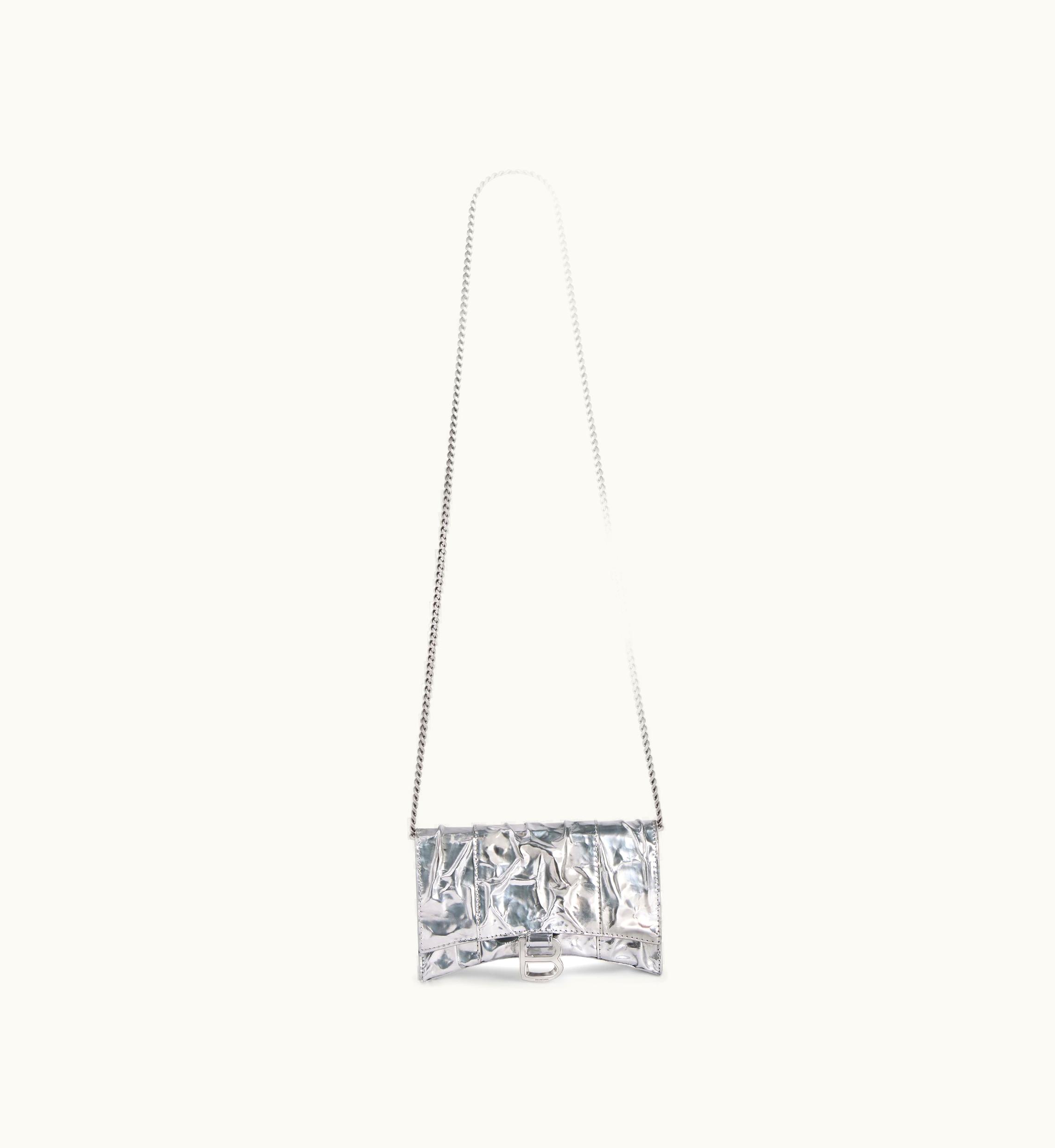 Balenciaga Balenciaga Women's Hourglass Wallet On Chain Crushed Effect In Silver