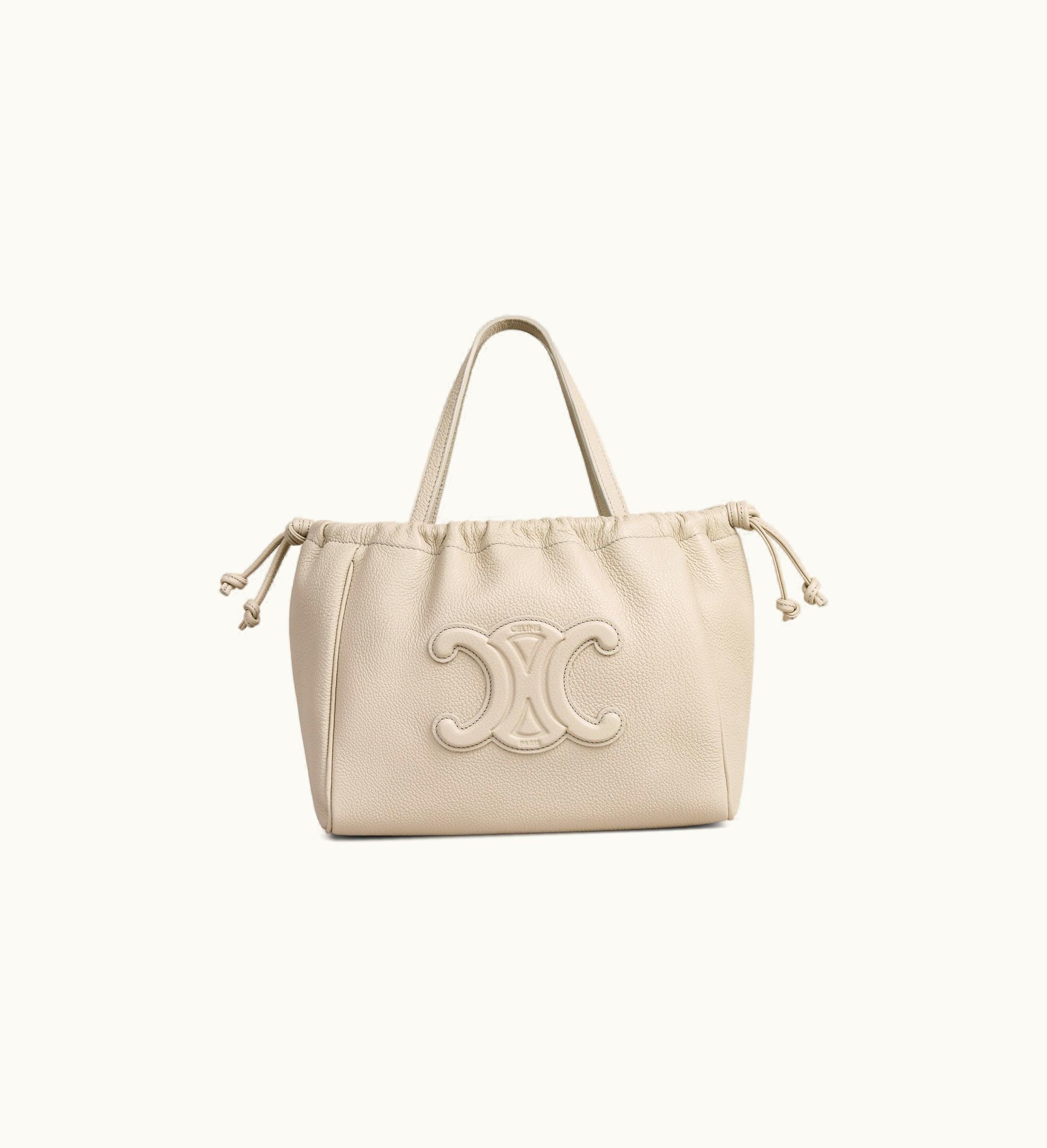 Celine Celine Small Cabas Drawstring Cuir Triomphe In Grained Calfskin - Light Stone